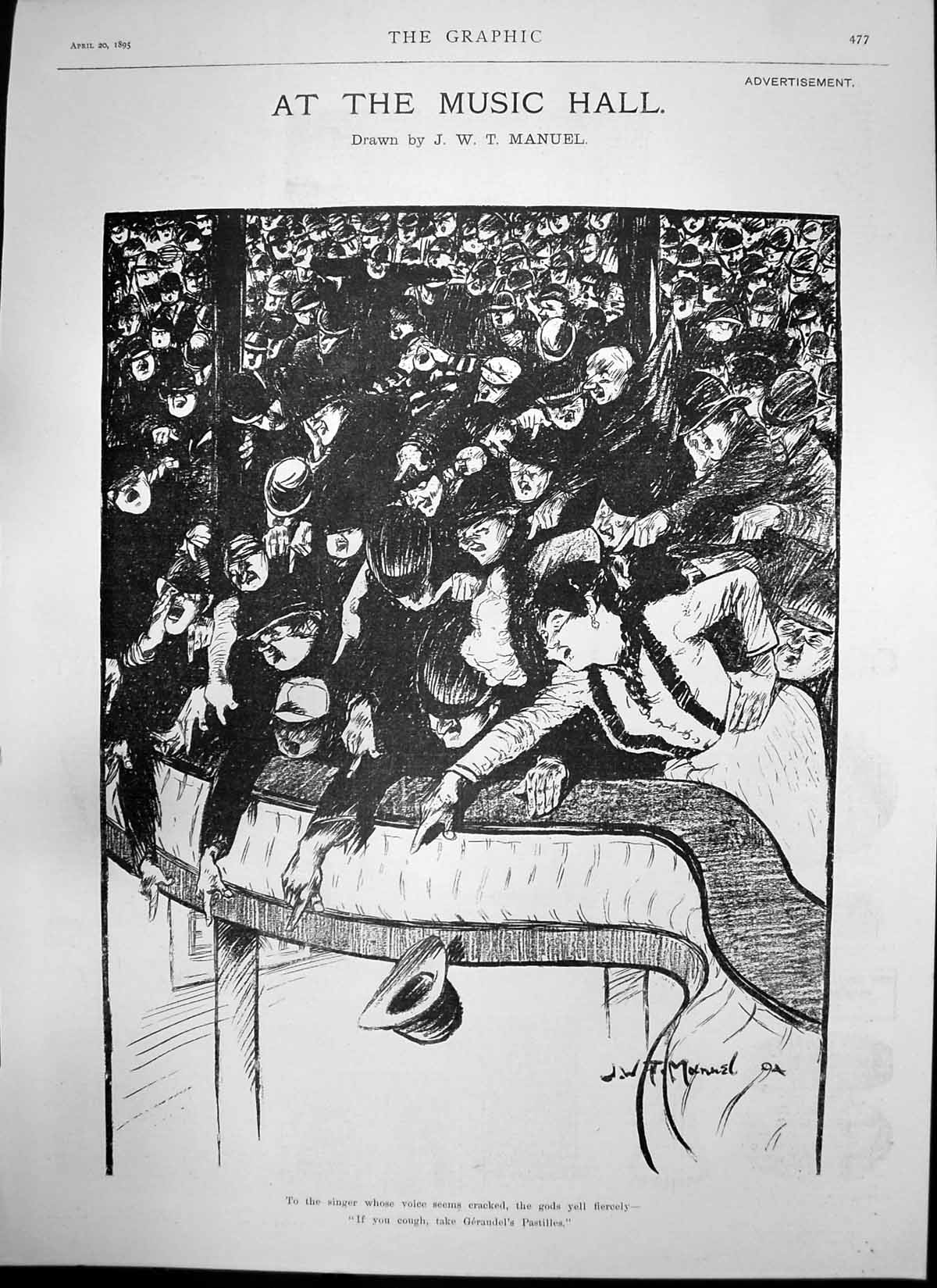 Original Old Antique Print Music Hall Geraudels Pastilles Edward Watkin Mp 1895