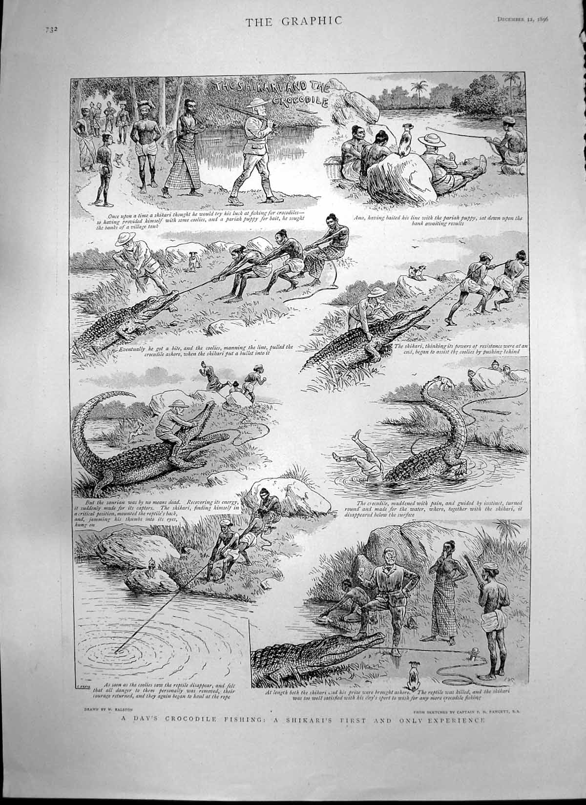 Old Antique Print Crocodile Fishing Shikari Chain Pier Brighton Gale 1896 19th