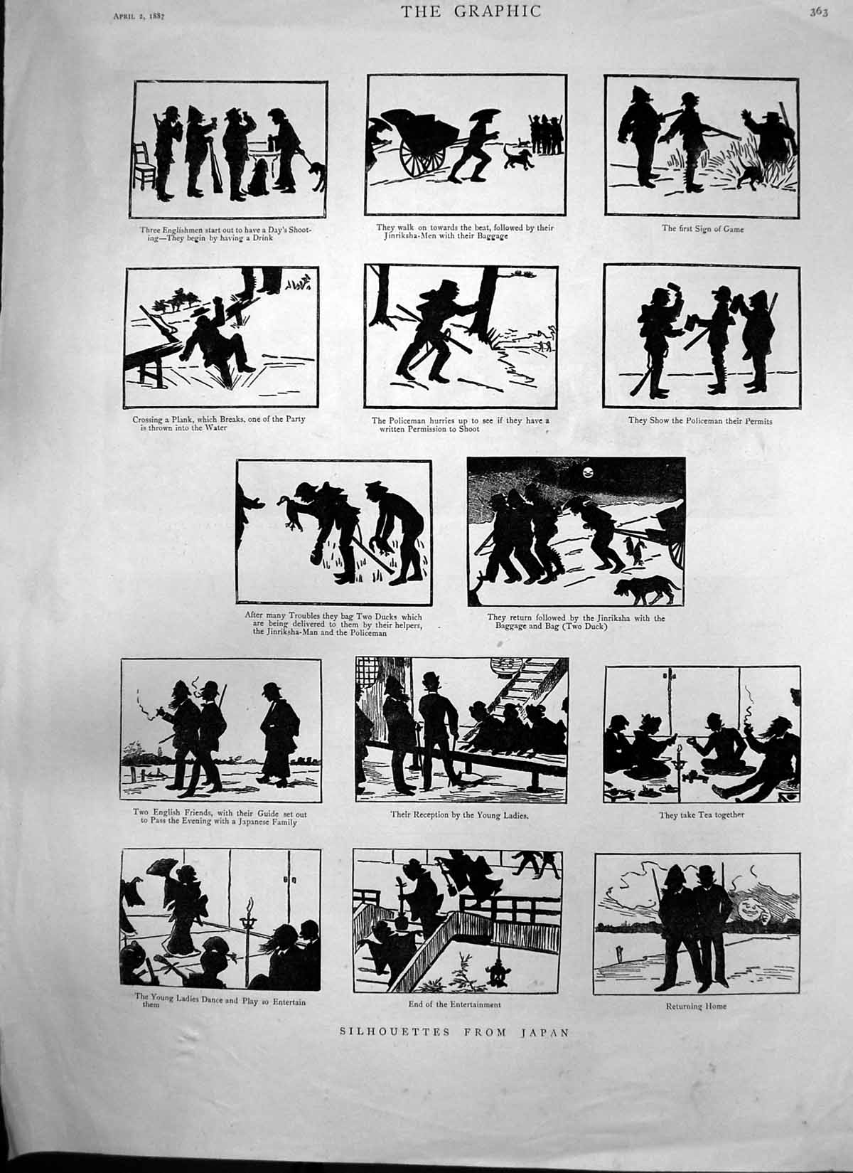 Antique Old Print Silhouettes Japan Queens Visit Birmingham Reception 1887 19th