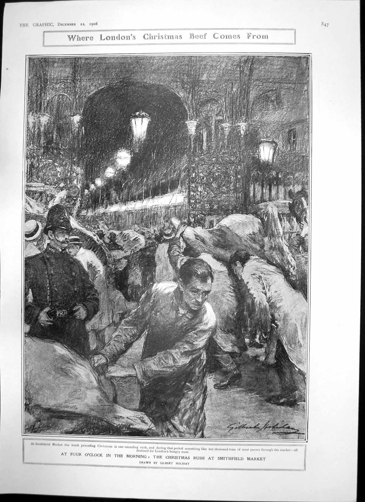 Antique Old Print Chtistmas Rush Smithfield Market Toys Poor Children 1906 20th
