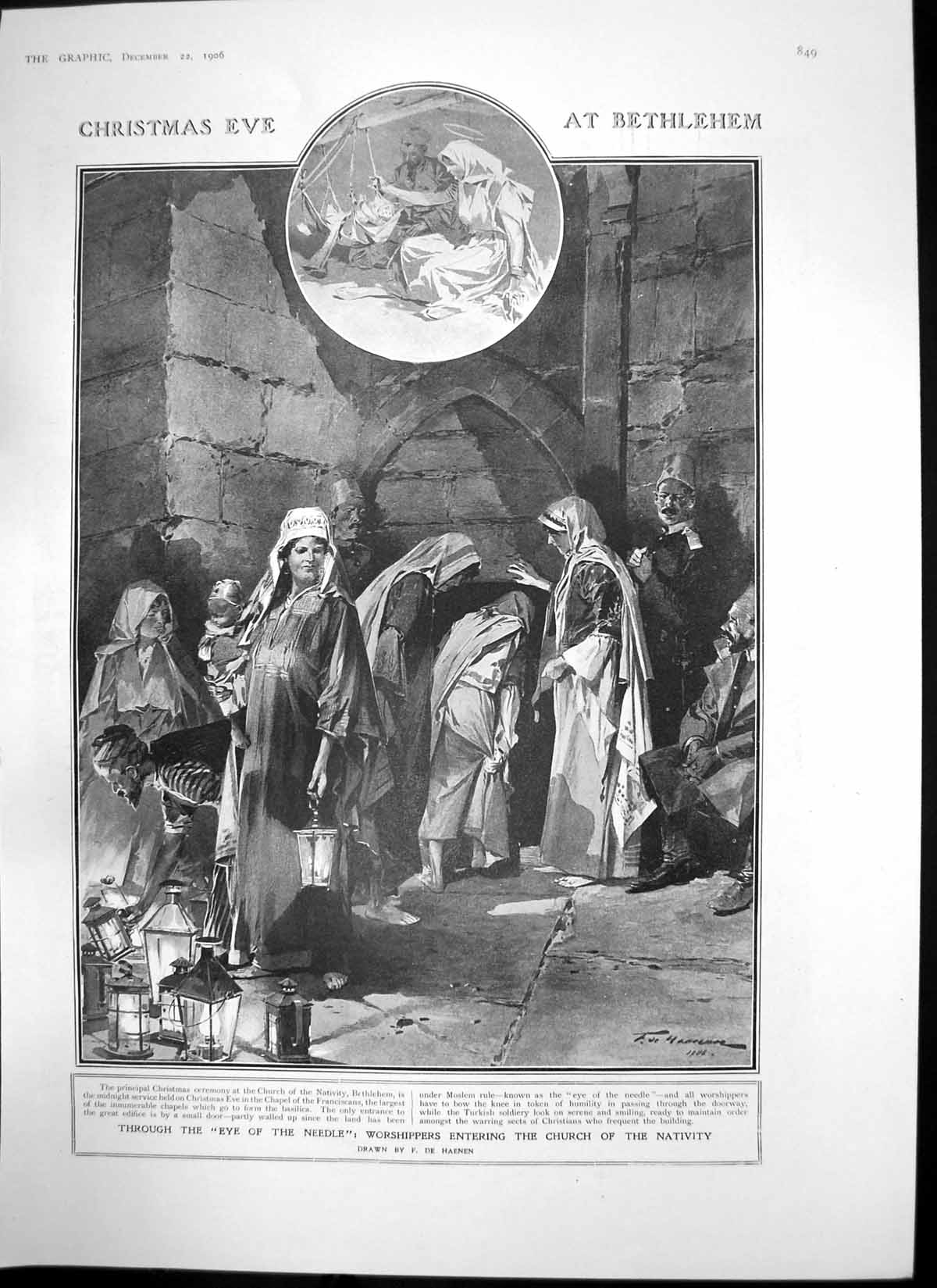 Antique Print Worshippers Church Nativity Crown Prince Princess Sweden 1906