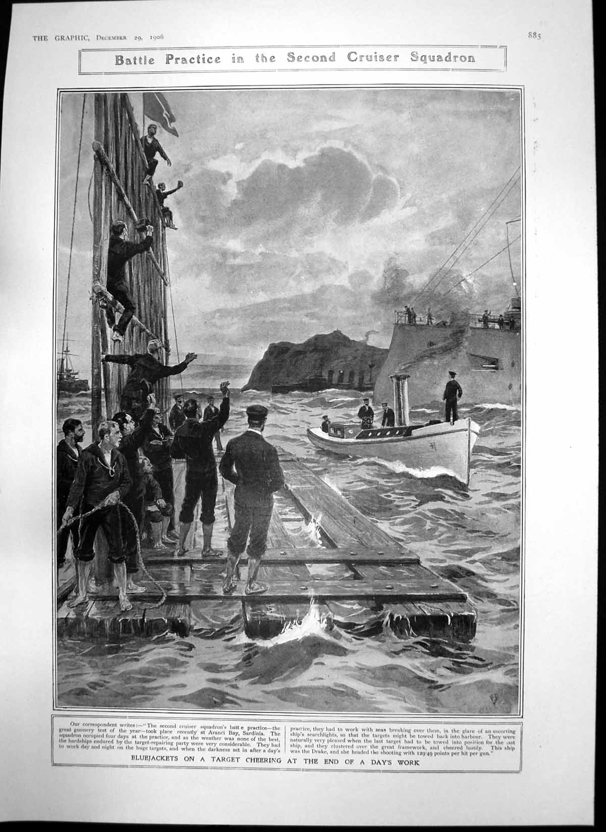 Antique Old Print Battle Practice 2Nd Cruiser Squadron Chatsworth Devon 1906