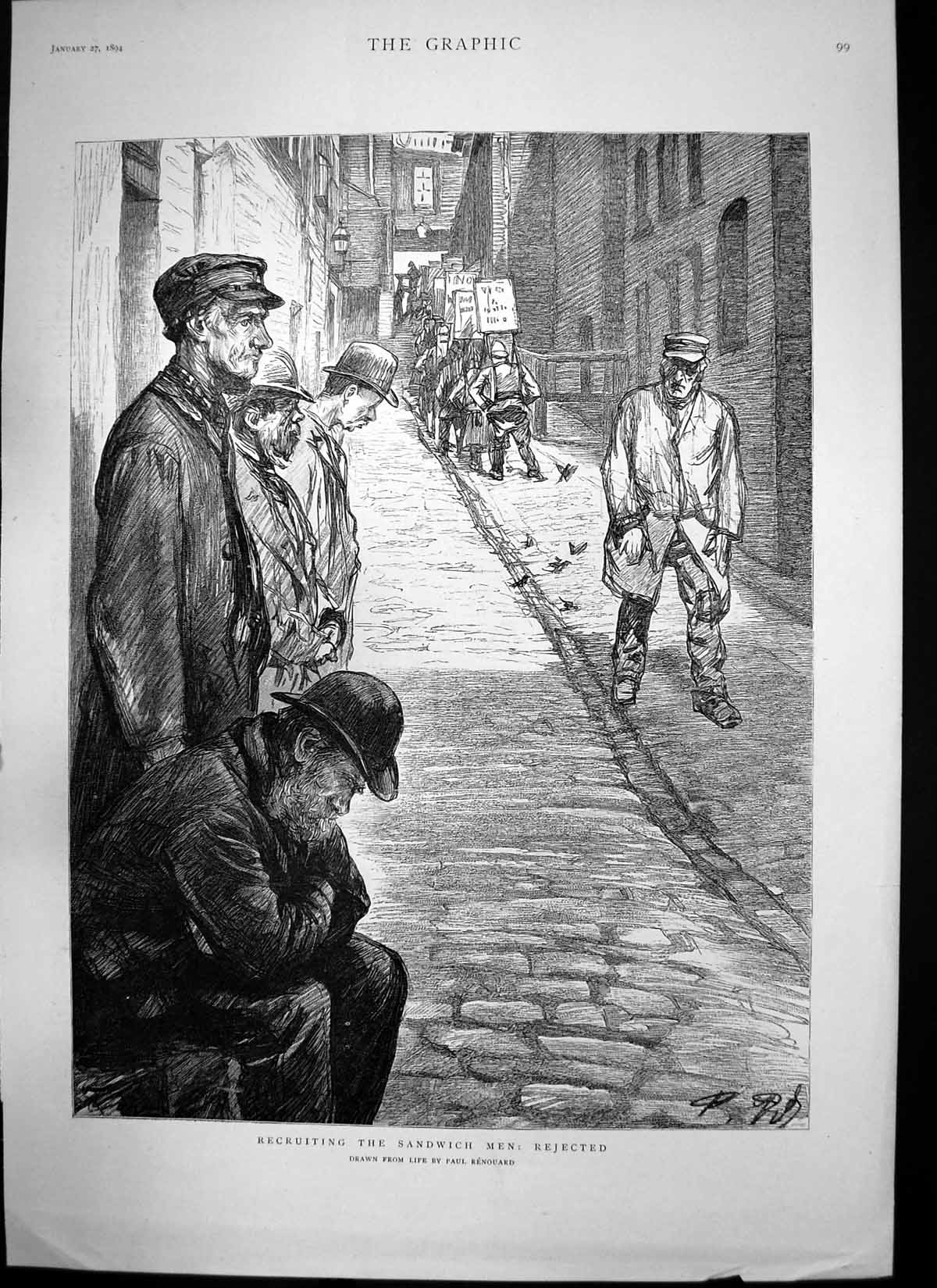 Antique Old Print Recruiting Sandwich Men Felton Assisting Milady Escape 1894