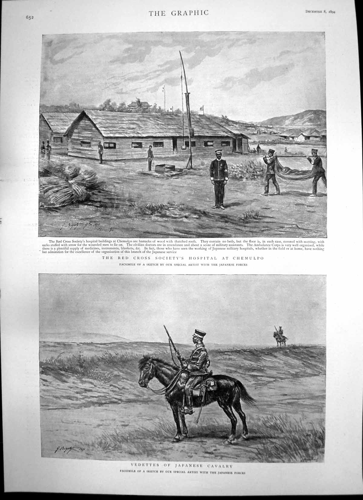 Antique Old Print Vedettes Japanese Cavalry Red Cross Hospital Chemulpo 1894