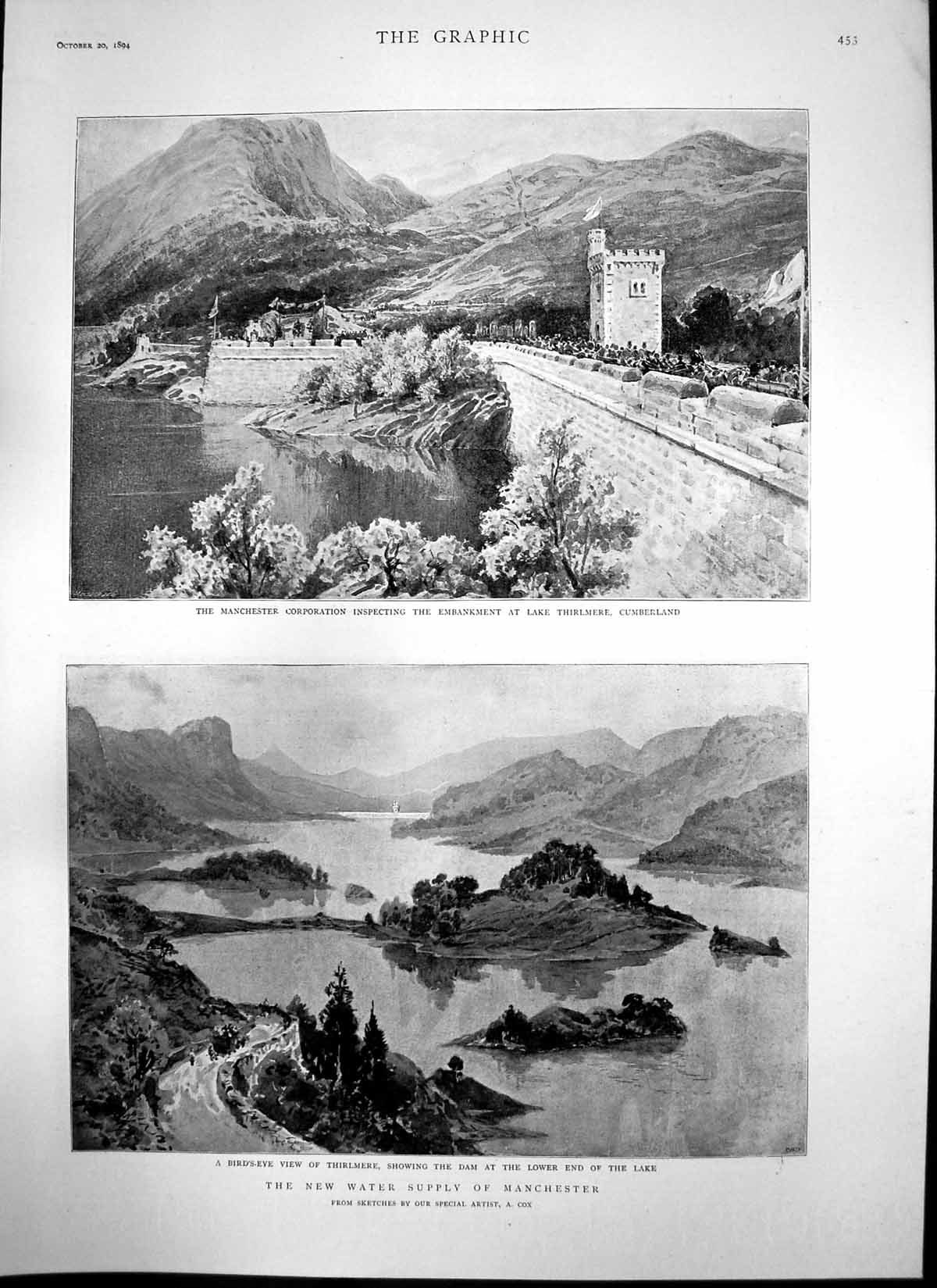 Antique Old Print New Water Supply Manchester Thirlmere Canon Curteis 1894 19th