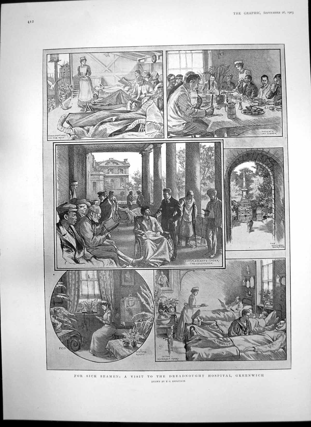 Antique Old Print Sick Seamen Dreadnought Hospital Greenwich Dr A Bain 1903