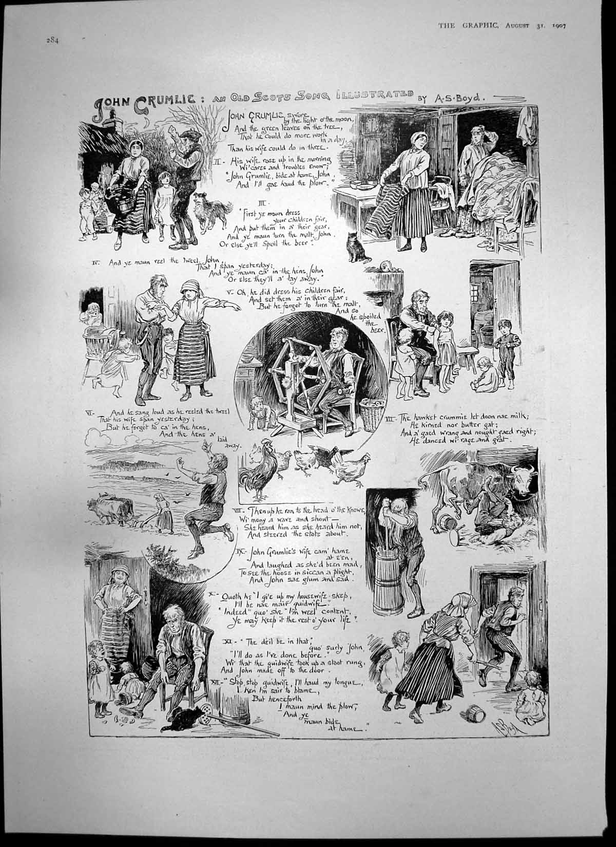 Old Antique Print John Grumble Scots Song Irish Evil Genius Cartoon 1907 20th