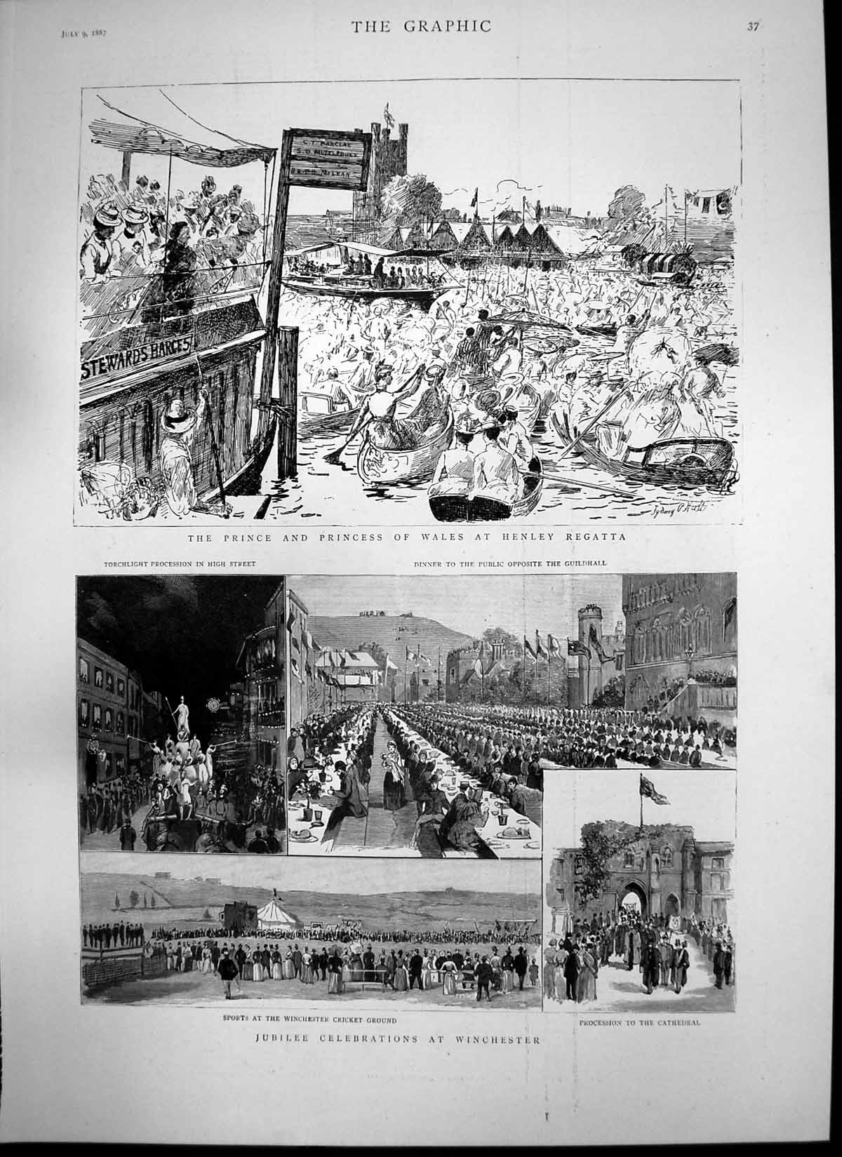 Old Print Jubilee Celebrations Winchester Prince Wales Henley Regatta1887 19th