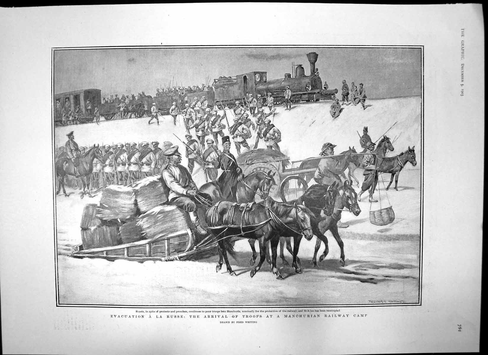 Antique Old Print Troops Manchurian Railway Camp Let Sleeping Dogs Lie 1903
