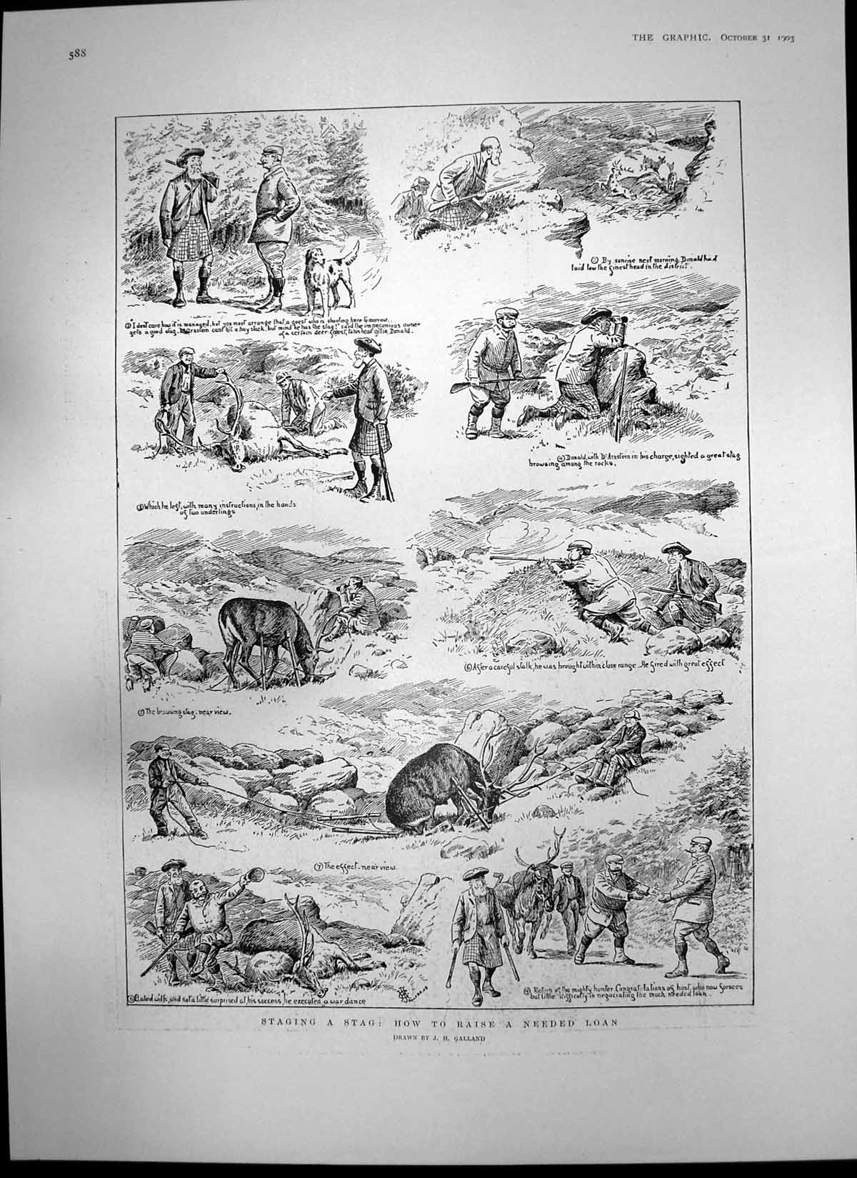 Antique Old Print Staging Stag Summers Day John Muirhead Country Scene 1903