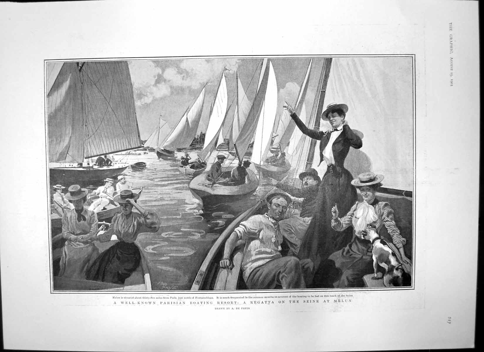 Antique Old Print Regatta Seine Melun Madame Humbert Trial Husband Paris 1903