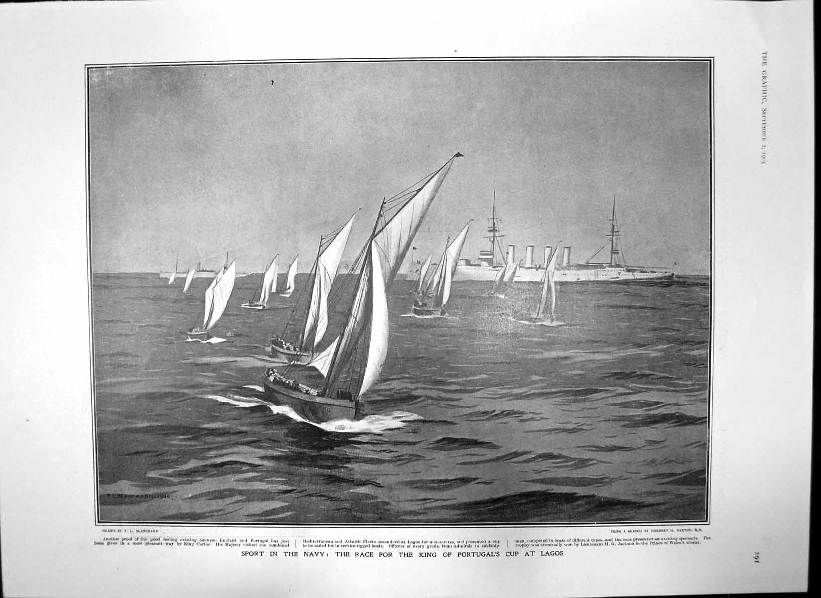 Antique Old Print Yacht Race Lagos Druids Stonehenge Gen Montagu Gerard 1905
