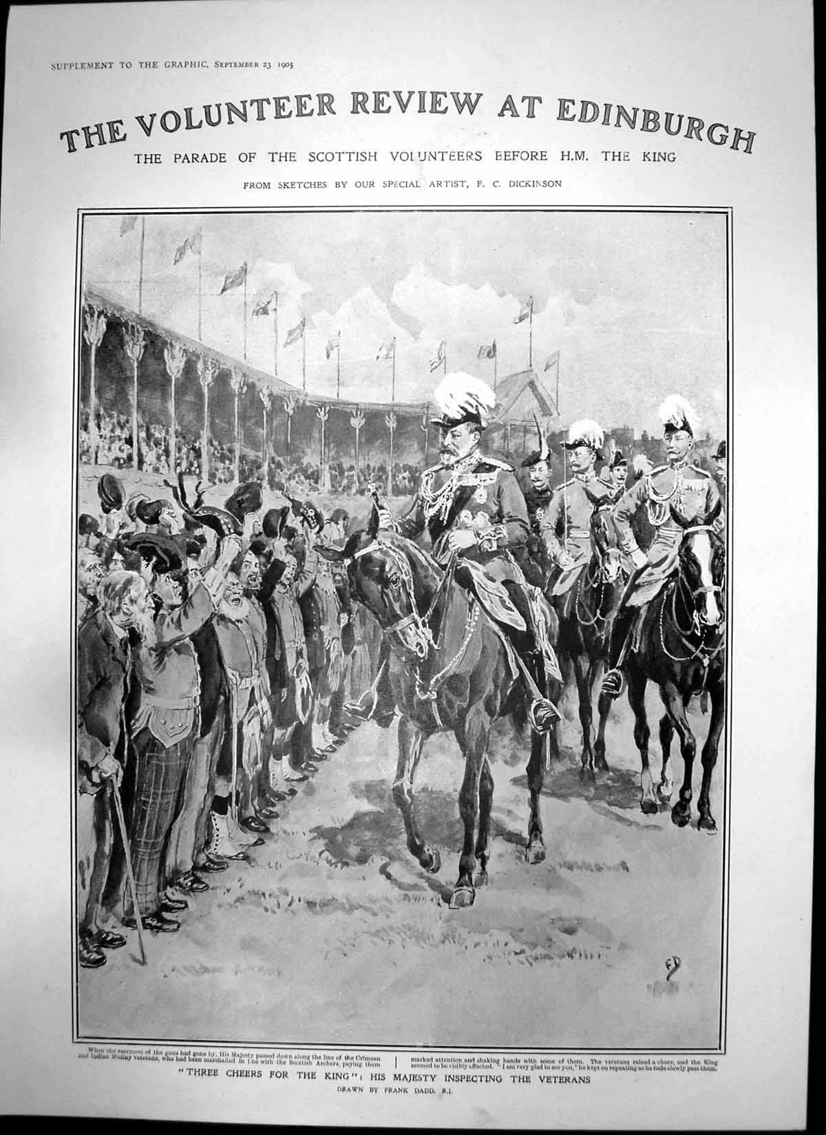 Old Print Scottish Volunteers King Edinburgh Parade Castle Esplanade 1905 20th
