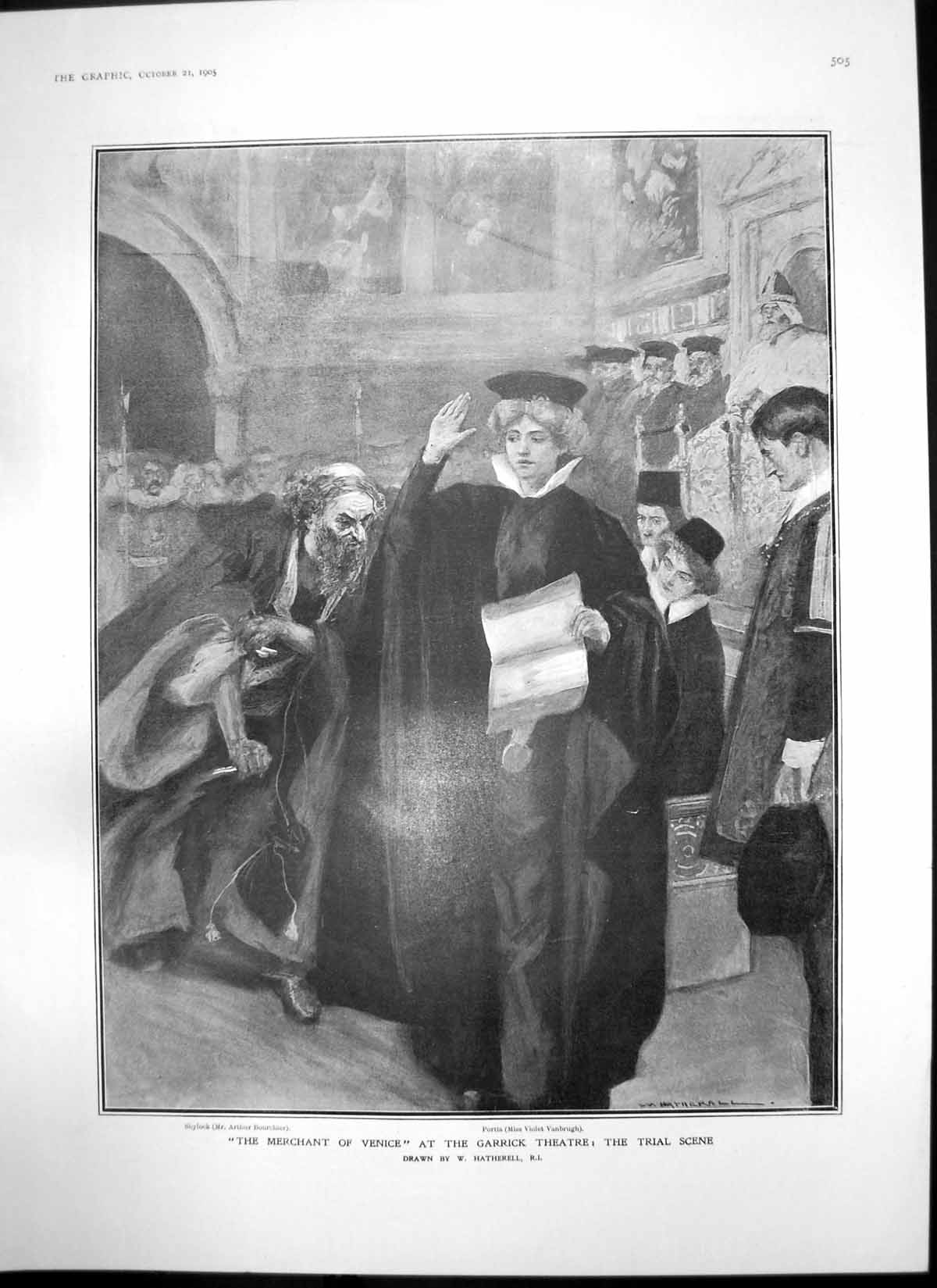 Antique Old Print Merchant Venice Garrick Theatre Sir Henry Irving Actor 1905