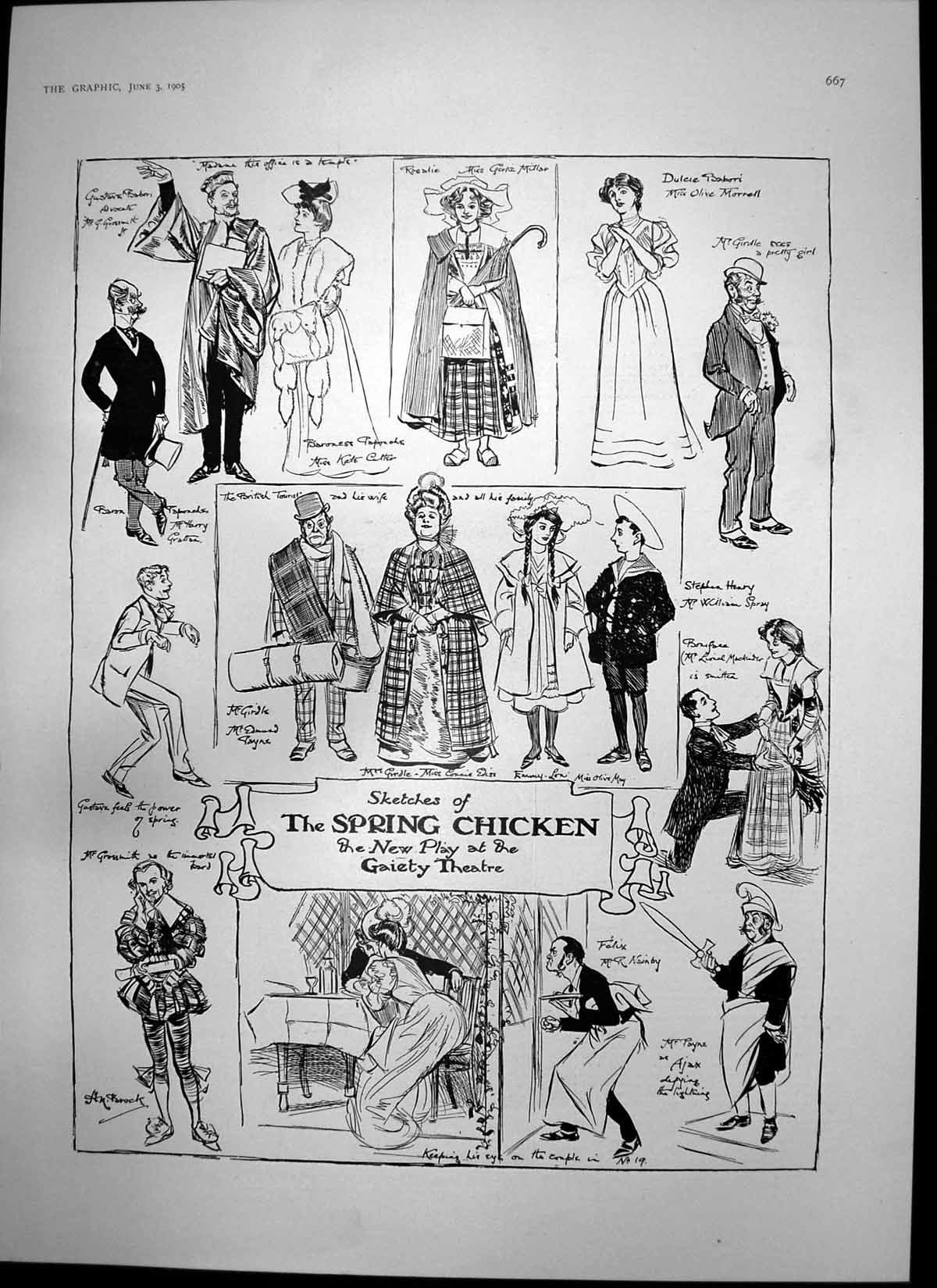 Antique Print Spring Chicken New Play Gaiety Lady Catherine Bampfylde 1905 20th