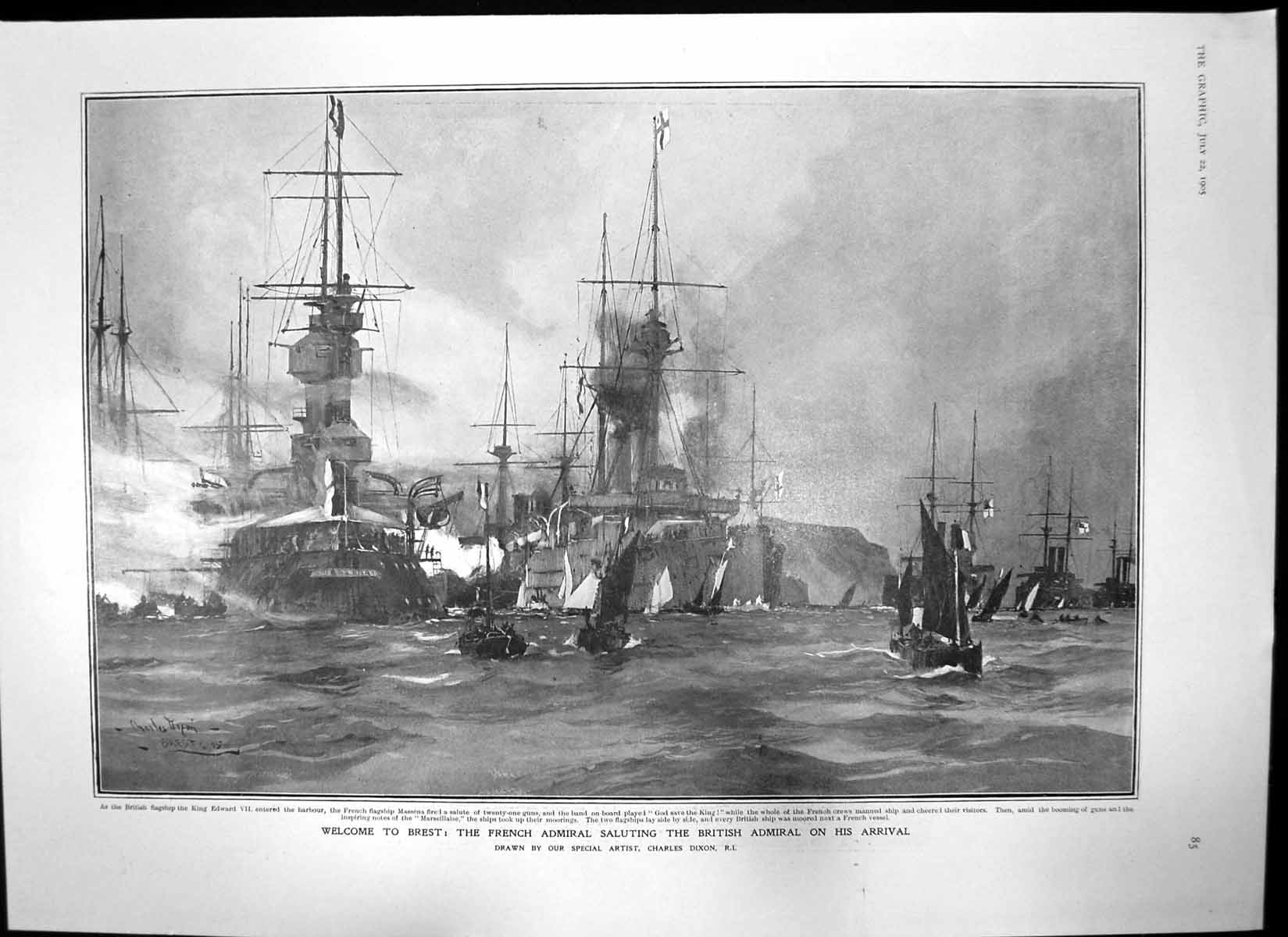 Old Print Brest British French Admirals Illuminations Combined Fleet 1905 20th