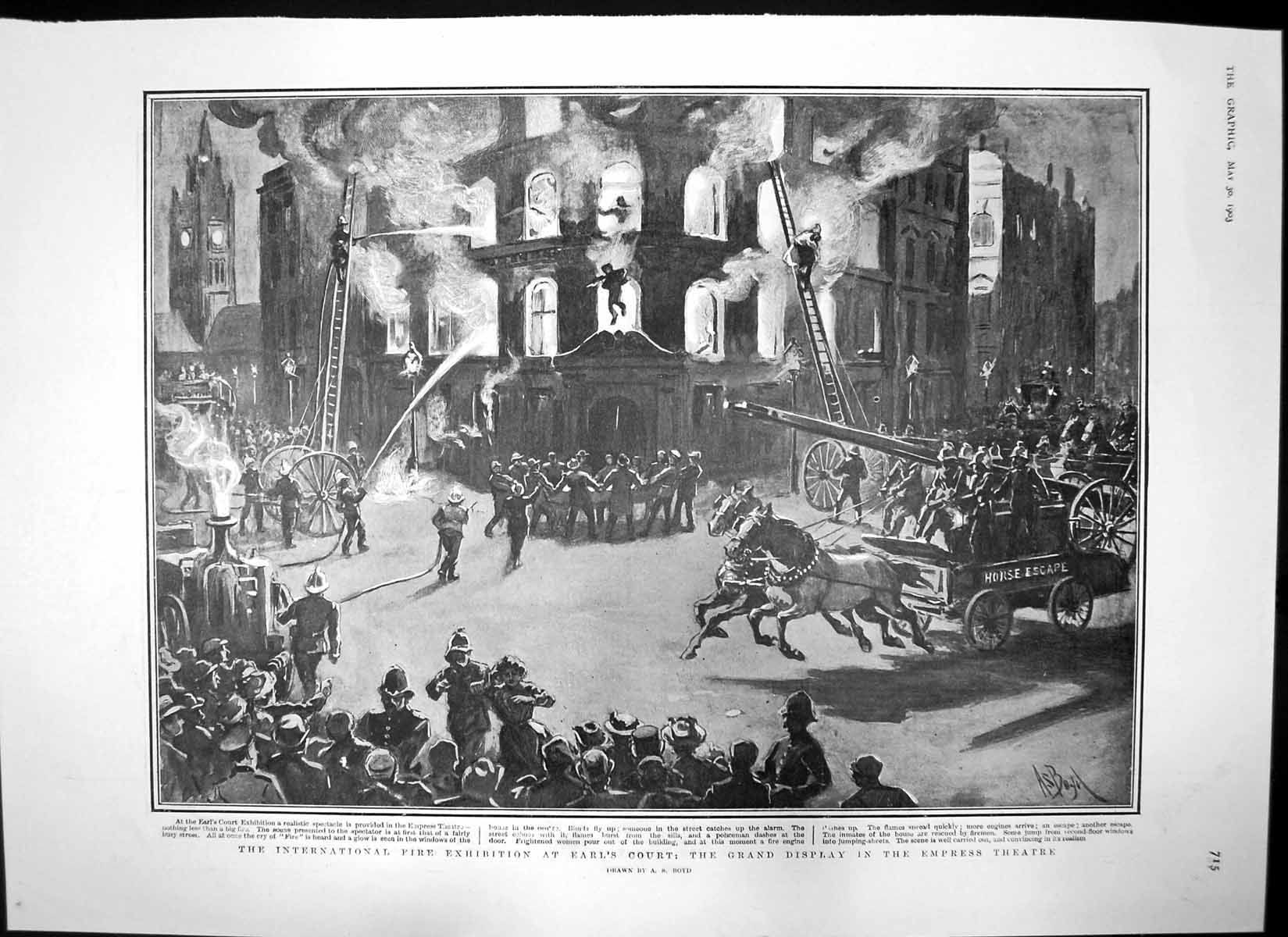 Antique Old Print Fire Exhibition Empress Theatre Dead Battle Daratoleh 1903