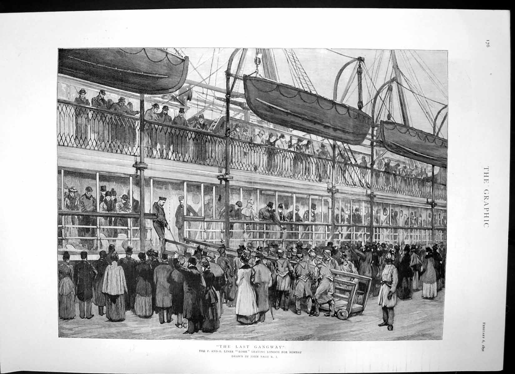 Original Old Antique Print Last Gangway Liner Rome London Stanhope Forbes 1892