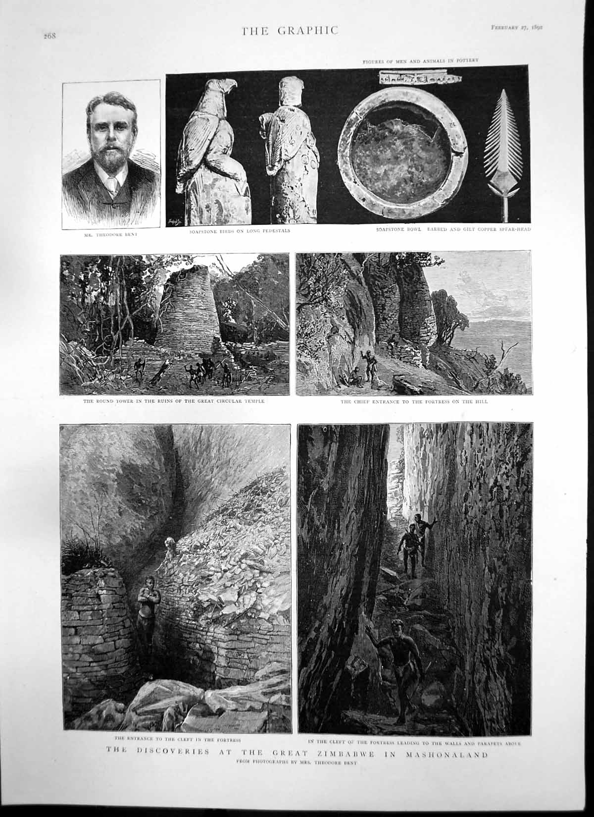 Original Old Antique Print Discoveries Great Zimbabwe Lord Justice Cotton 1892