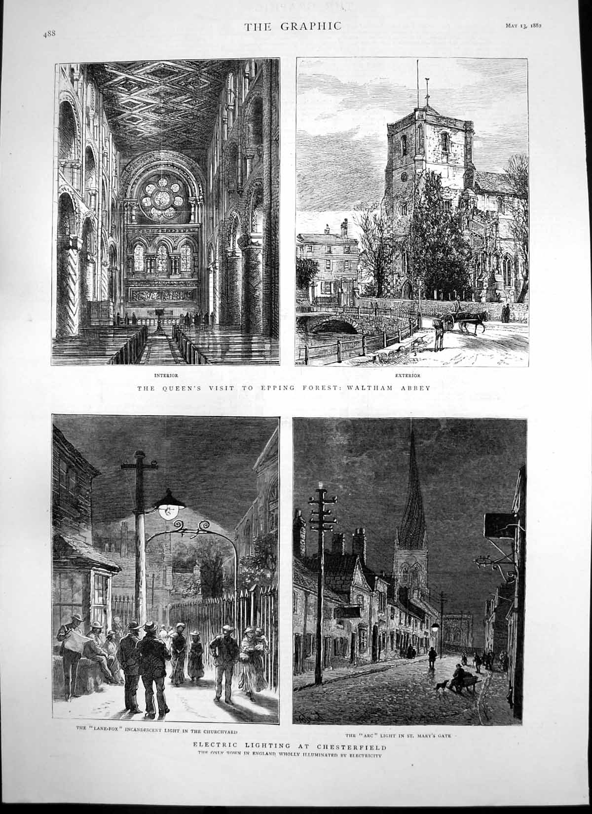 Antique Print Queen Visit Epping Forest Electric Lighting Chesterfield 1882