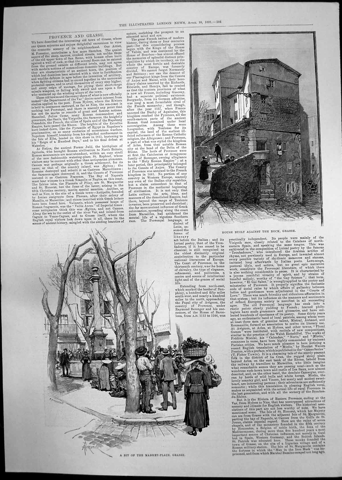 Antique Old Print Market Place Grasse House Built Rock House Provence 1891 19th
