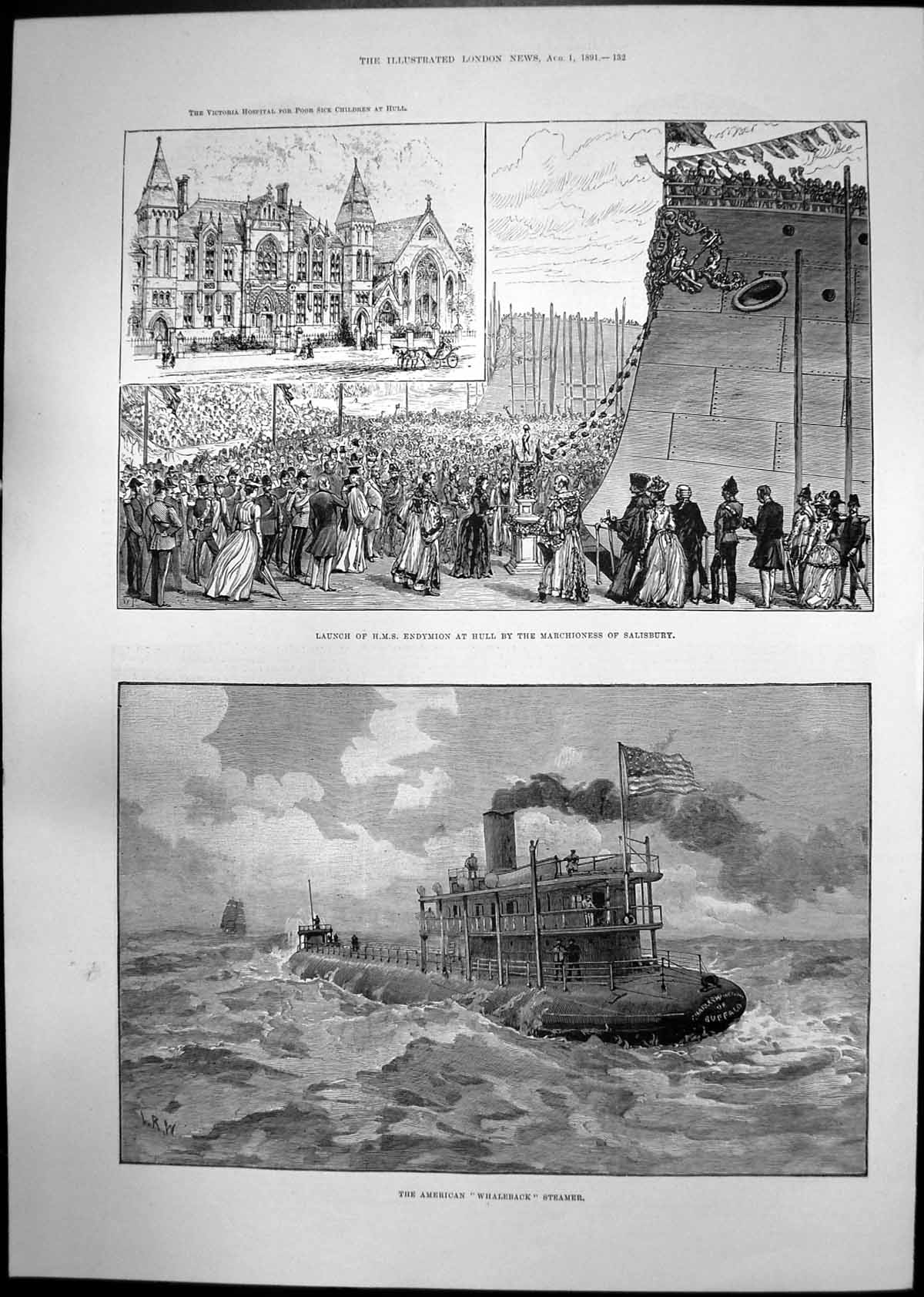 Antique Old Print Launch Hms Endymion Hull Whaleback Steamer Mayor Hull 1891