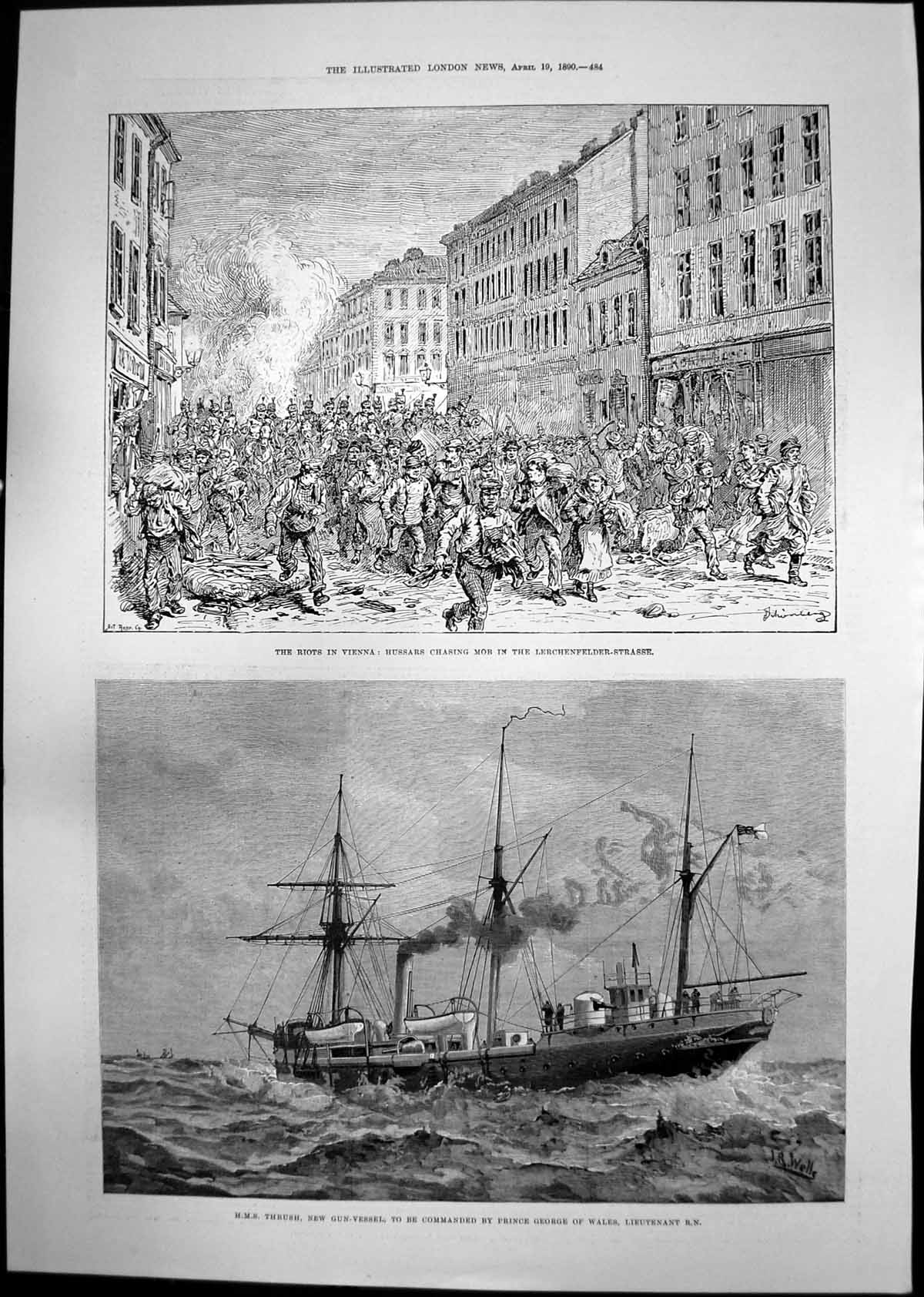 Antique Old Print Riots Vienna Hms Thrush Marquis Tseng Rev Edward Parry 1890