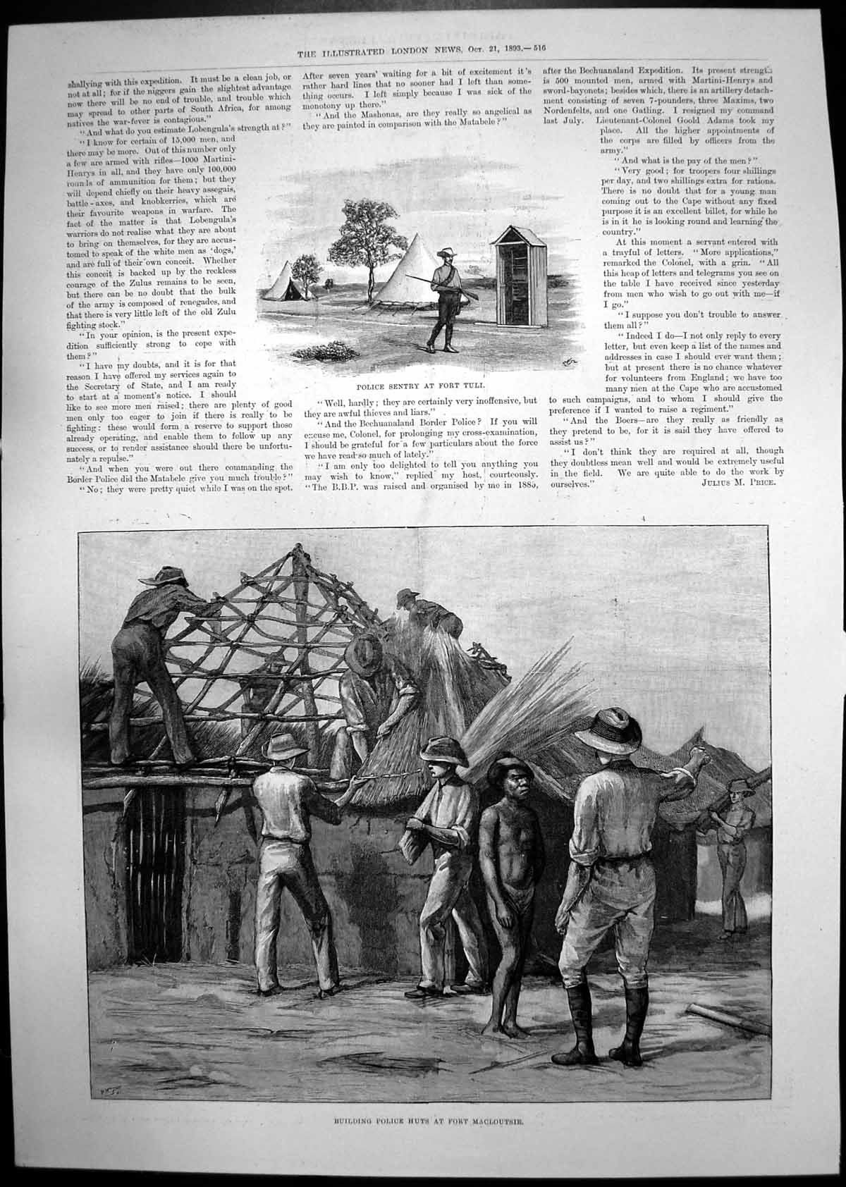 Antique Old Print Building Police Huts Fort Macloutsie Map South Africa 1893