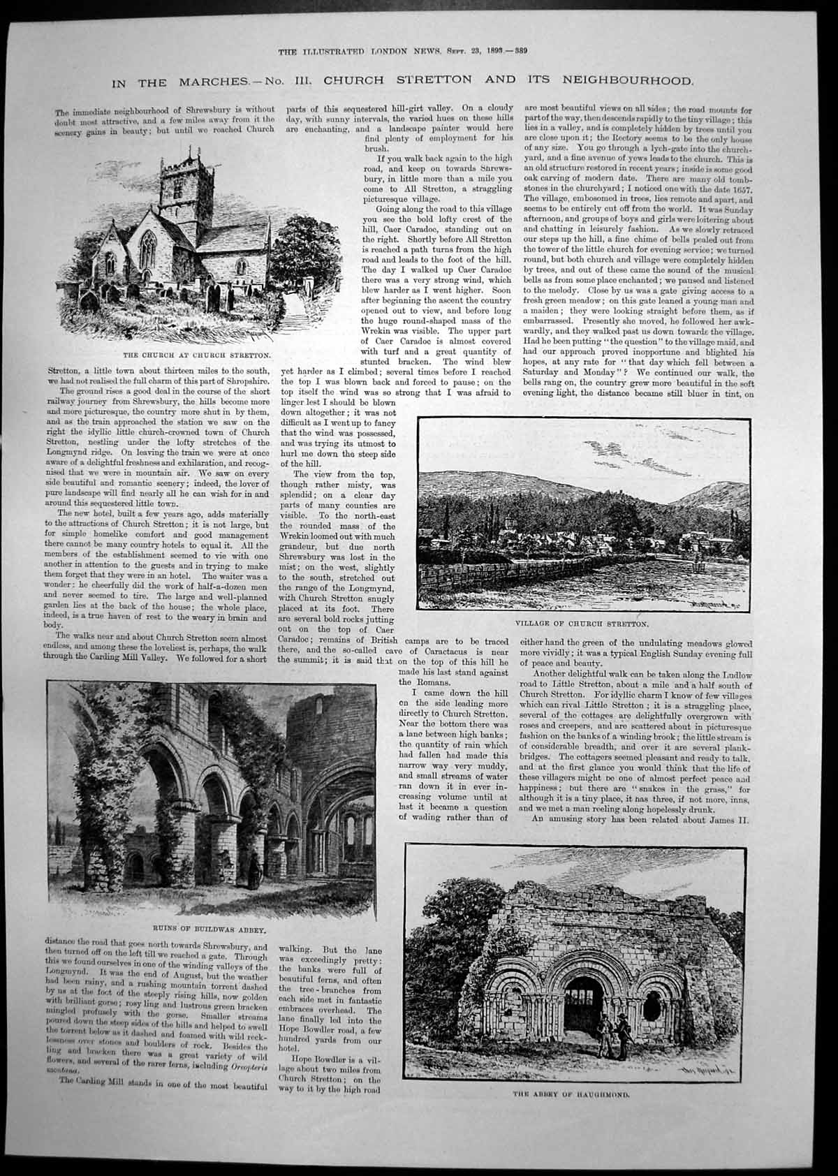 Antique Old Print Church Stretton Village Abbey Haughmond Welock Priory 1893