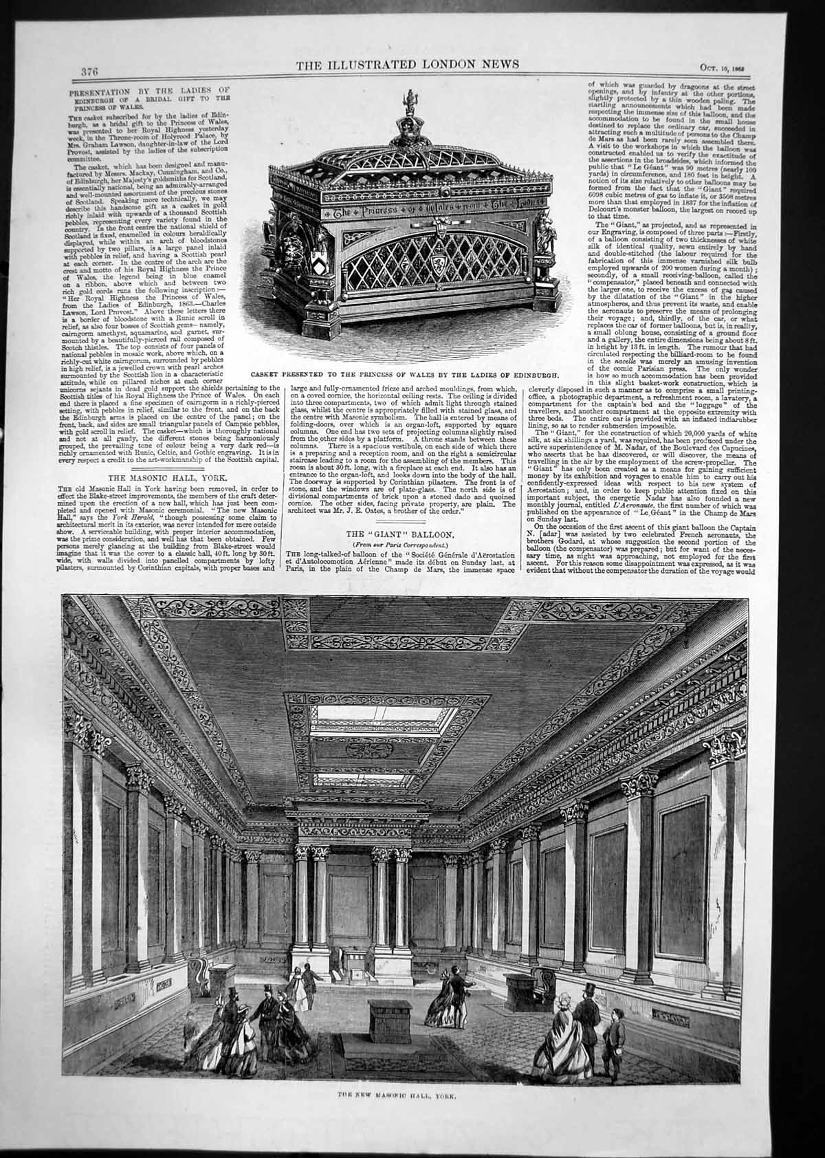 Old Print Casket Princess Wales Masonic Hall York Map Simonoseki Bay 1863 19th