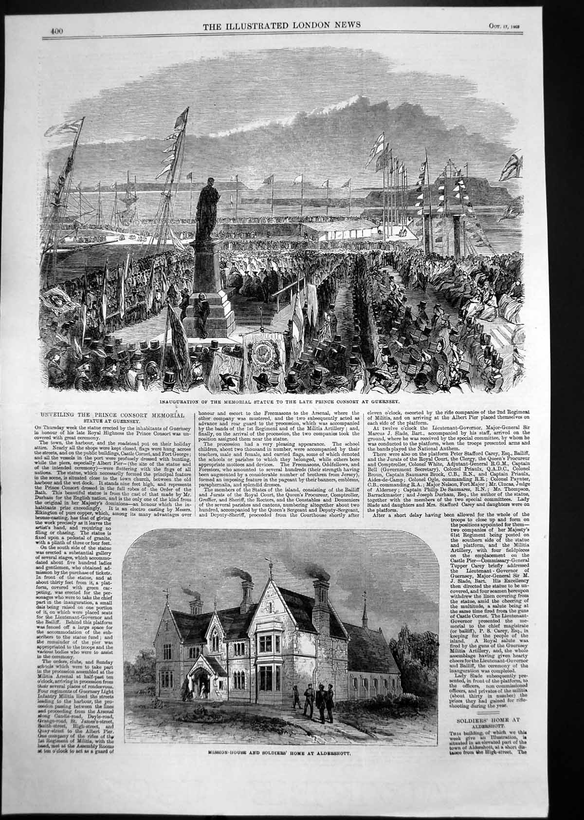 Old Print Statue Prince Consort Guernsey Siers Home Aldershot Sword 1863 19th