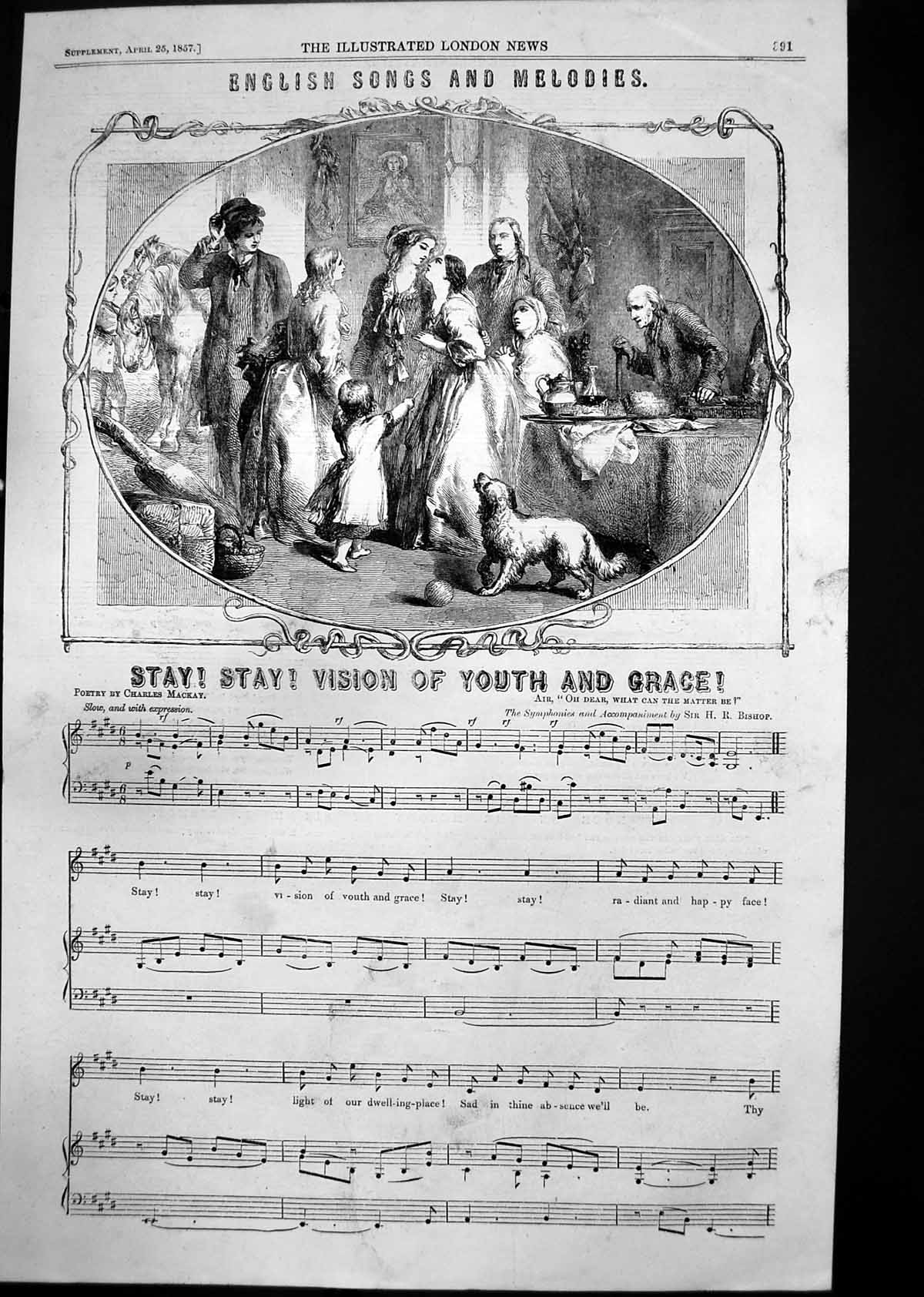 Old Print Sheet Music Stay Stay Vision Youth Grace Note Sir H Bishop 1857 19th