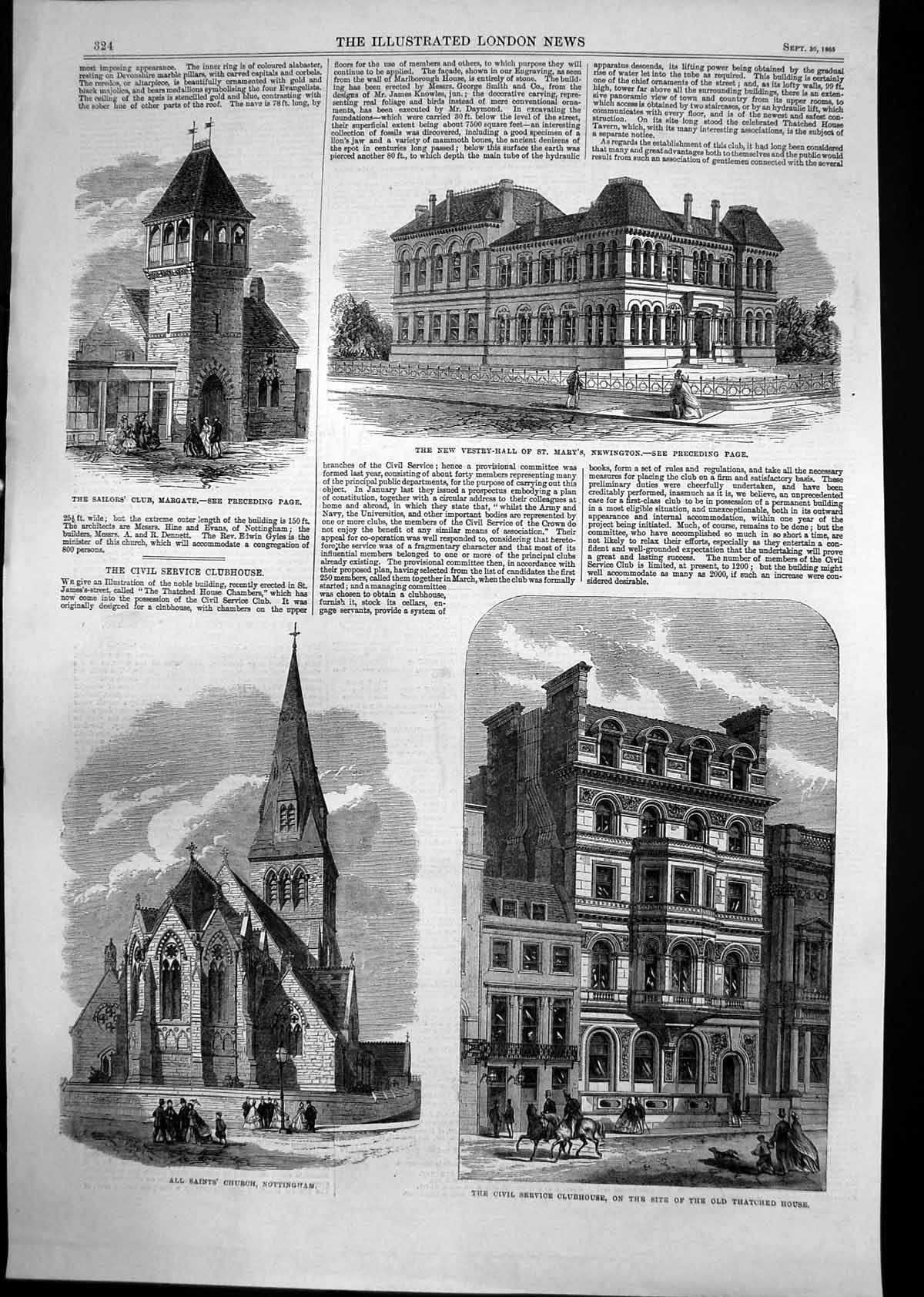 Antique Old Print Civil Service Clubhouse Vestry Hall St Marys Newington 1865