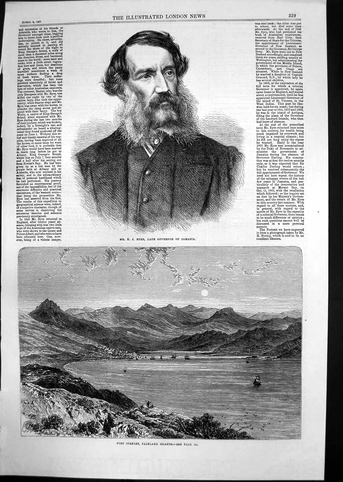 Antique Old Print E Eyre Governor Jamaica Port Stanley Falkland Islands 1867