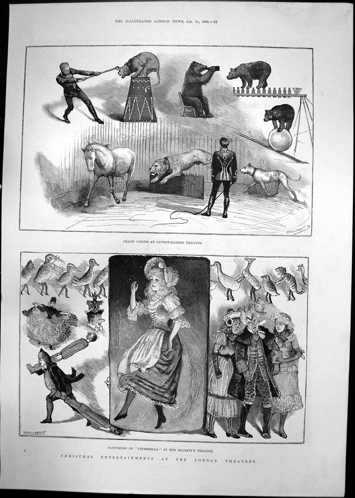 Antique Print Pantomine Cinderella Circus Covent Garden Count Karolyi 1890 19th