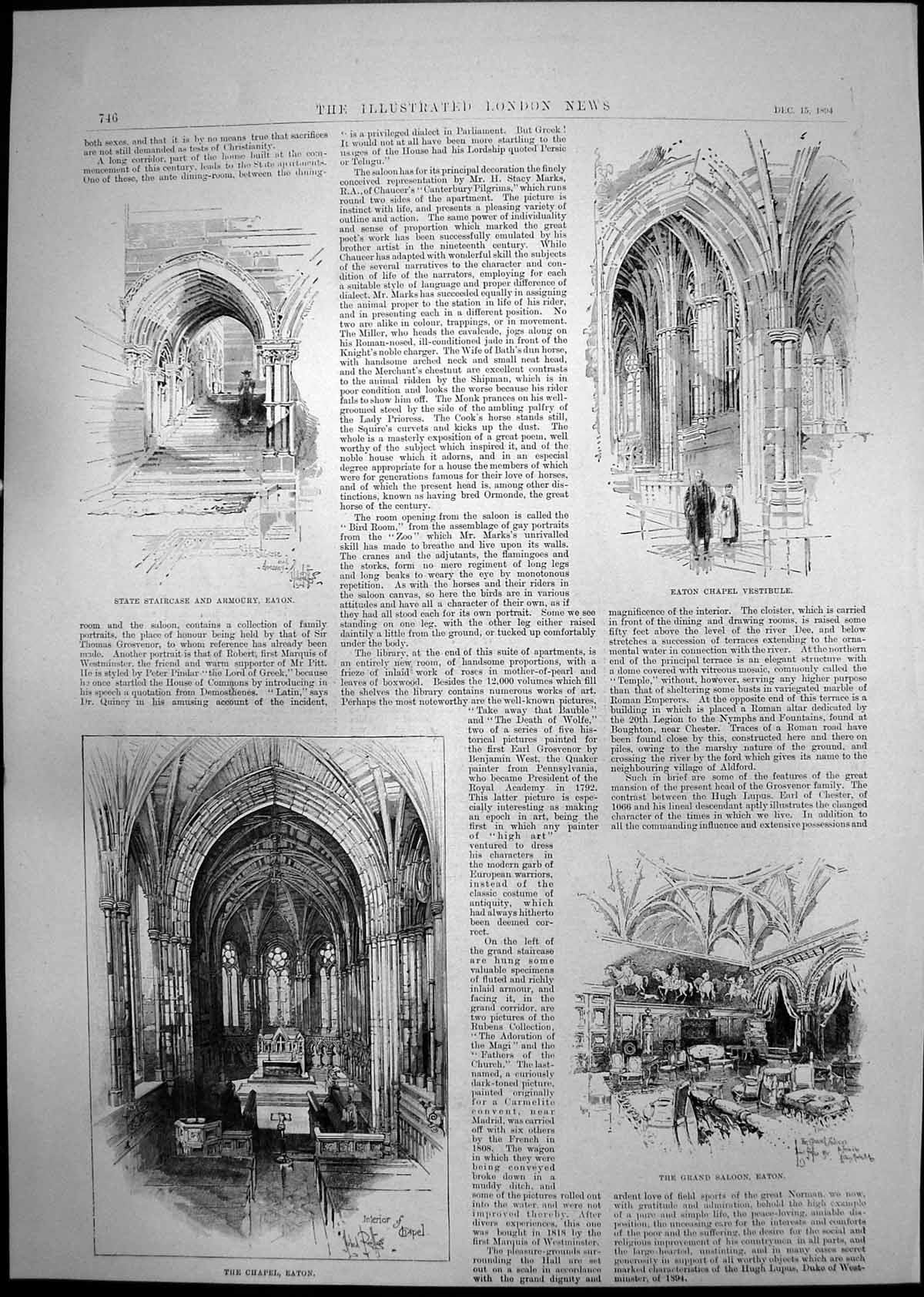 Antique Print Eaton Staircase Armoury Chapel Temple Gardens West Front 1894