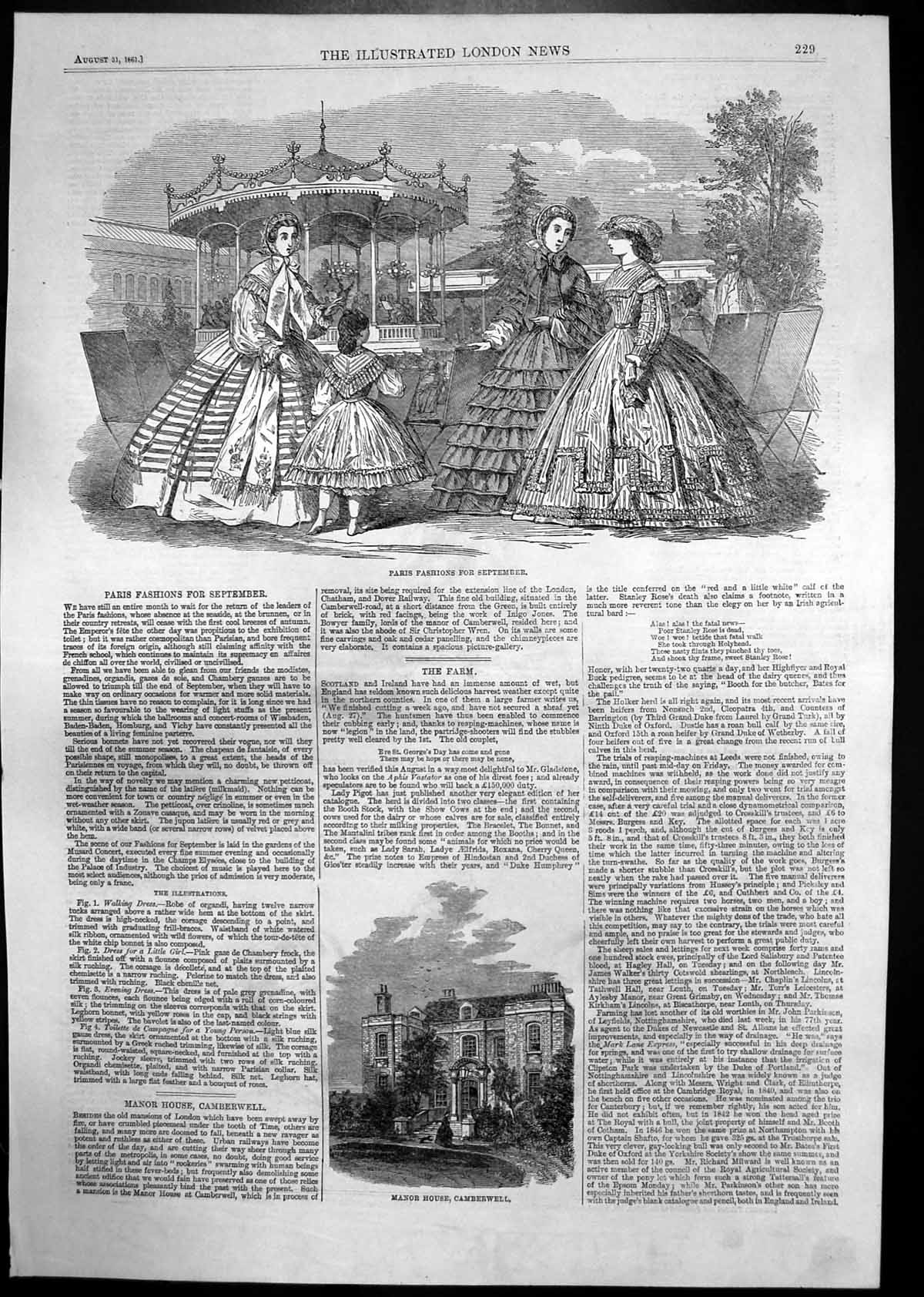 Antique Old Print Manor House Camberwell Head Dresses Friesland Women 1861 19th