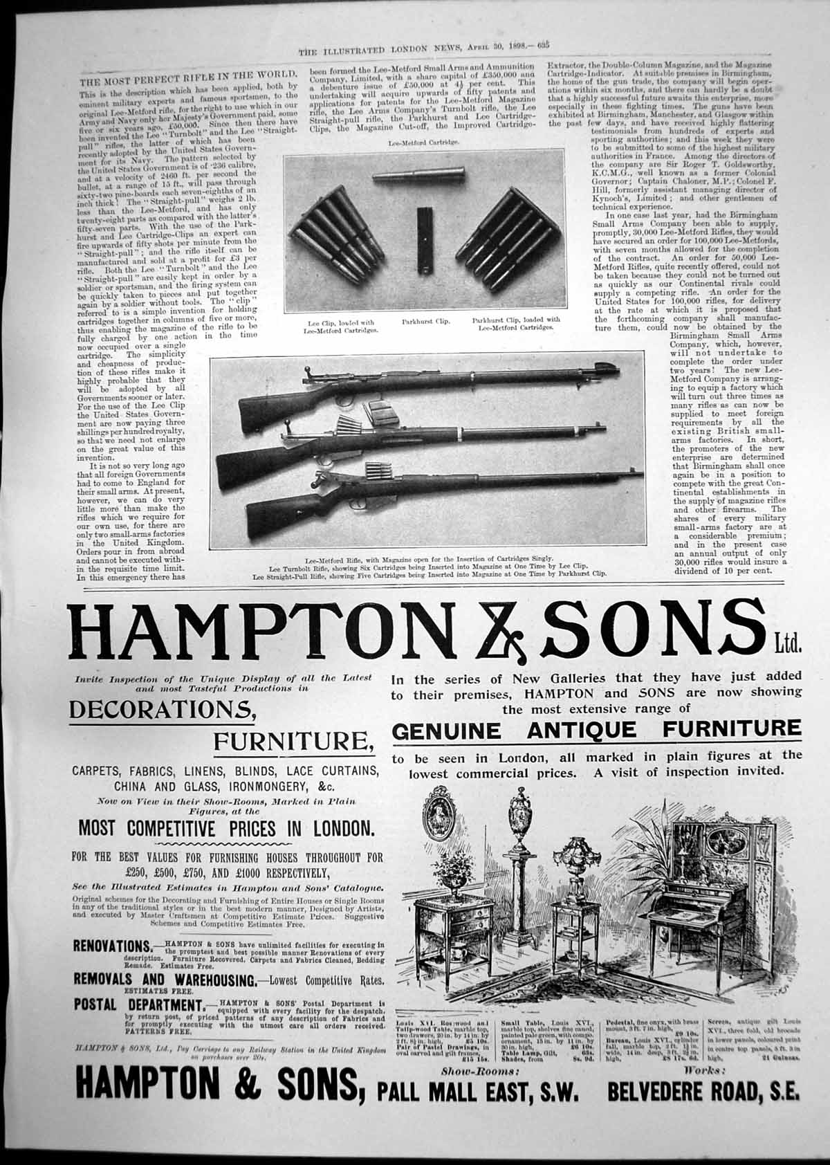 Antique Print Lee Metford Rifle Hampton Sons Furniture Ladies Fashions 1898