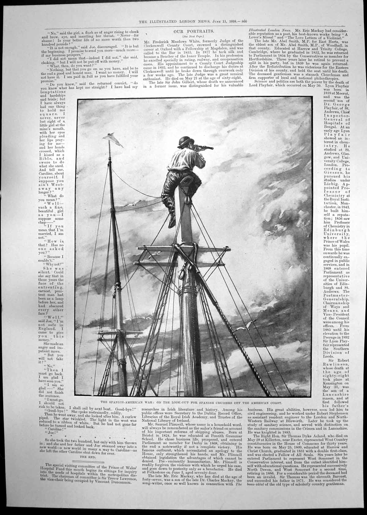 Antique Print Spanish American War Look Out Cruisers Lady Admiring Man 1898