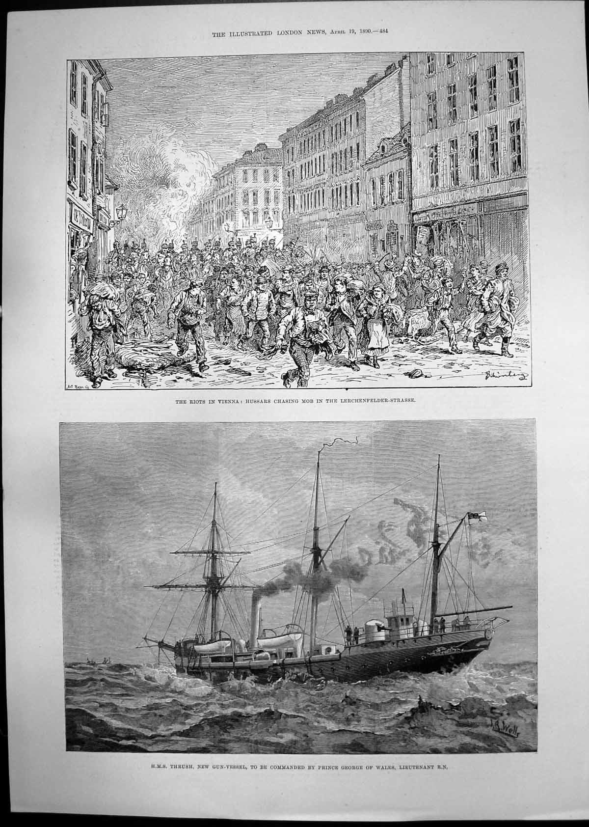 Antique Old Print Hms Thrush Riots Vienna Marquis Tseng Rev Edward Parry 1890