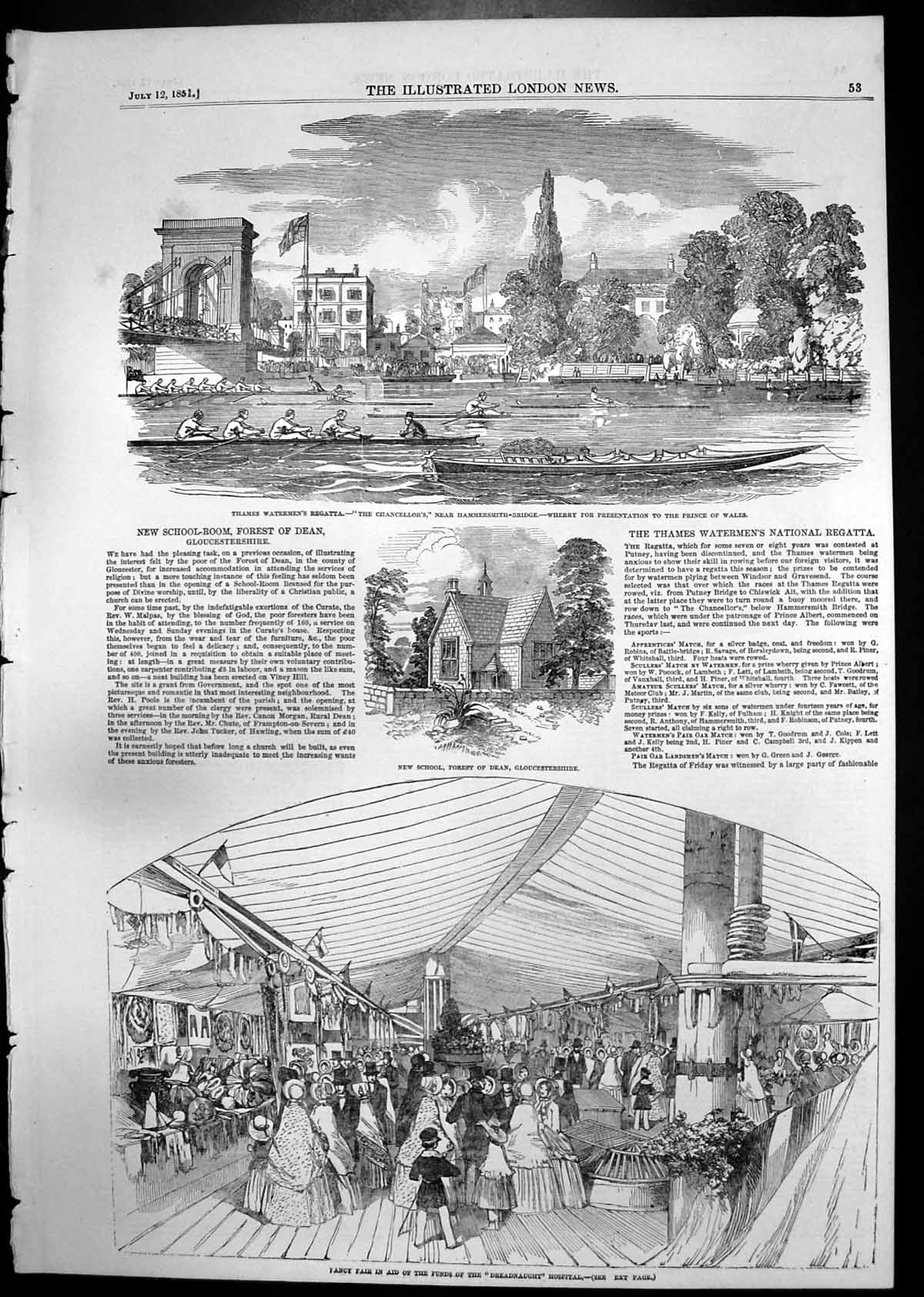 Old Print Thames Watermens Regatta New School Forest Dean Temple Bar 1851 19th