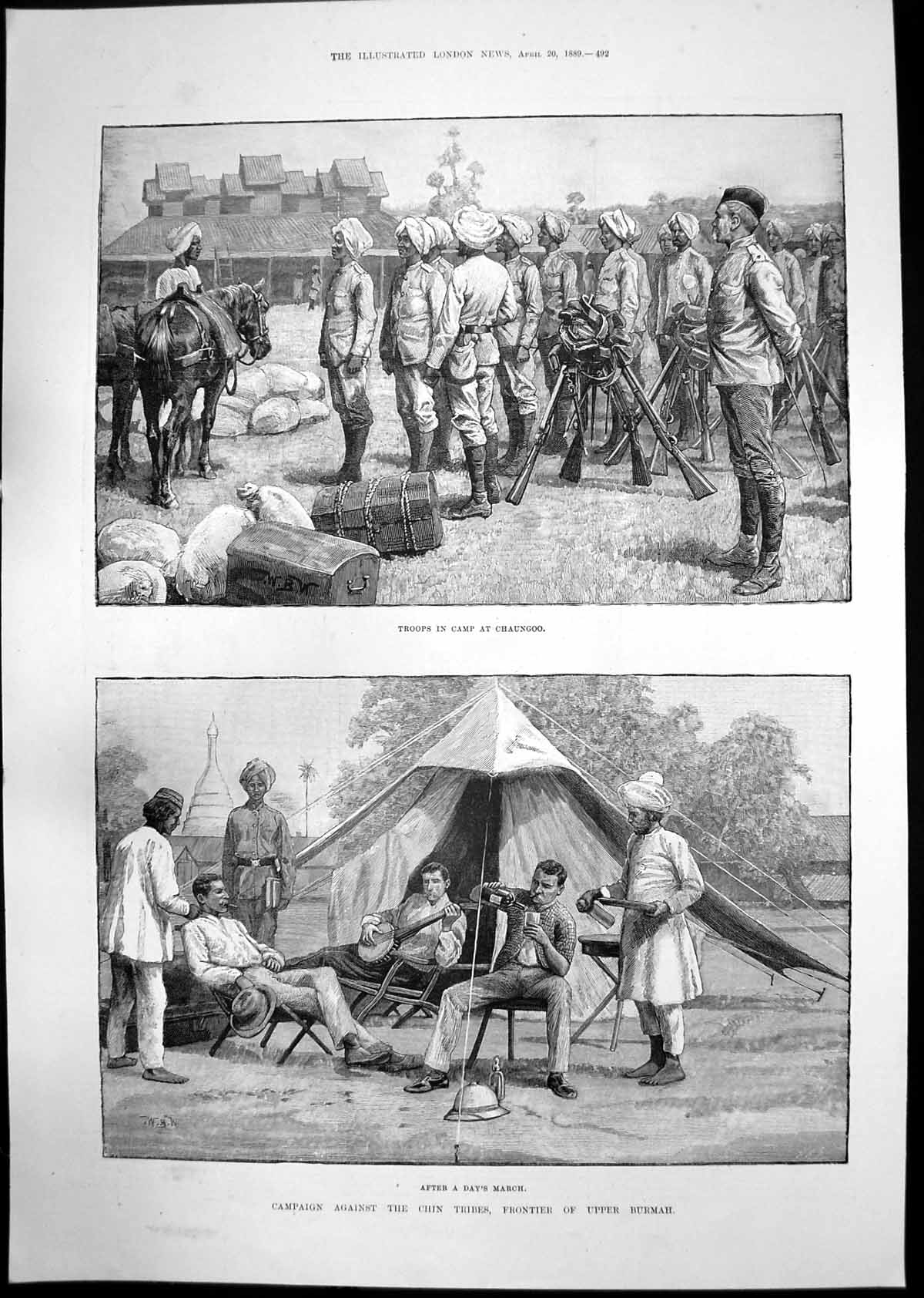 Antique Old Print Campaign Chin Tribes Burmah Church Bazaar Kensington 1889