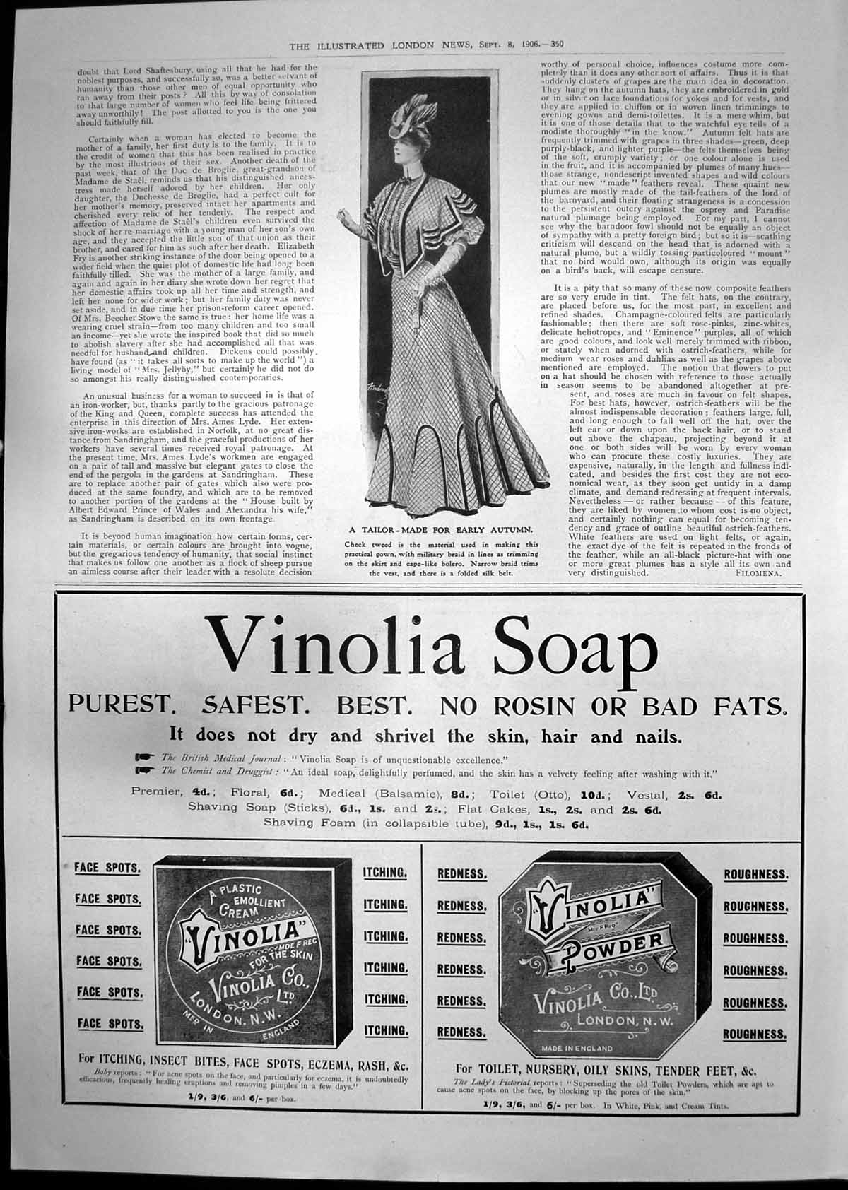 Antique Print Tweed Gown Vinolia Soap Bensons Rings Foots Wheel Chairs 1906