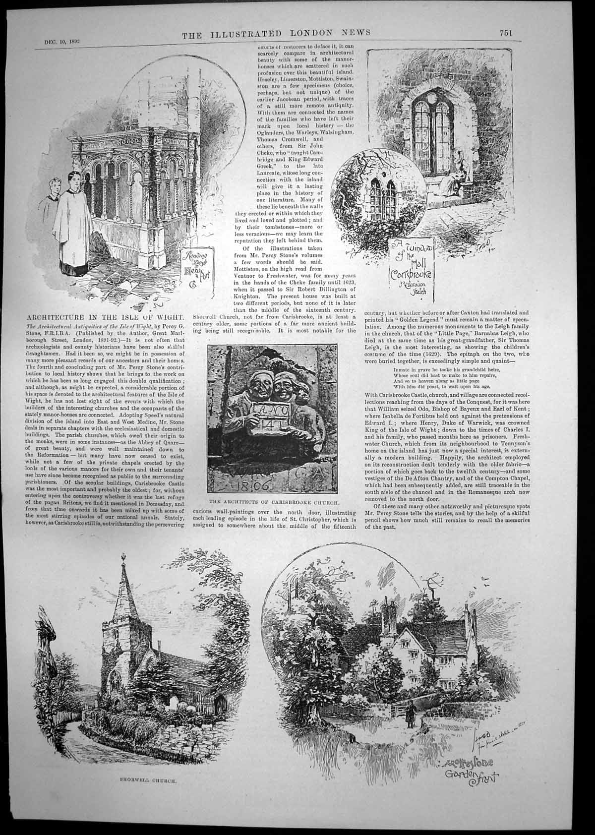 Old Print Isle Wight Shorwell Church Carisbrooke Church Deposit Tale 1892 19th