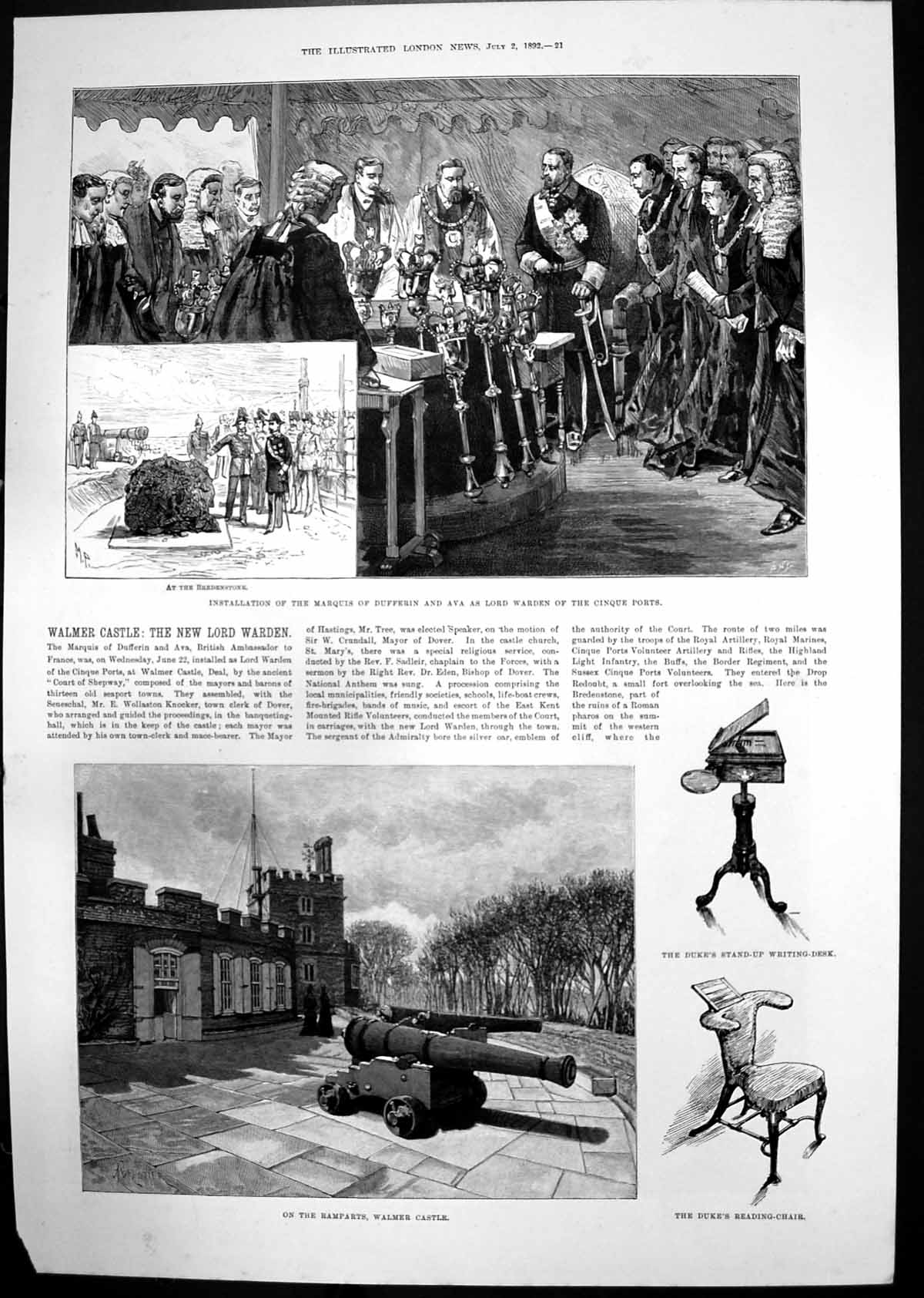 Old Print Walmer Castle New Lord Warden Duke Wellingtons Room Chair 1892 19th