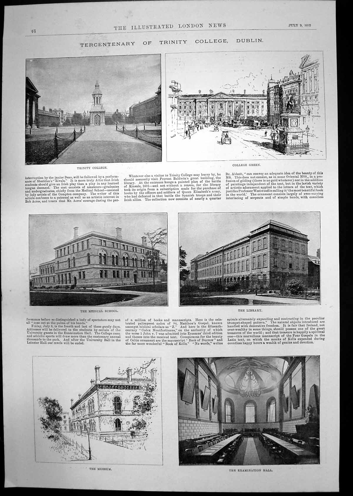 Antique Print Tercentenary Trinity College Library Statue Gsmith Burke 1892