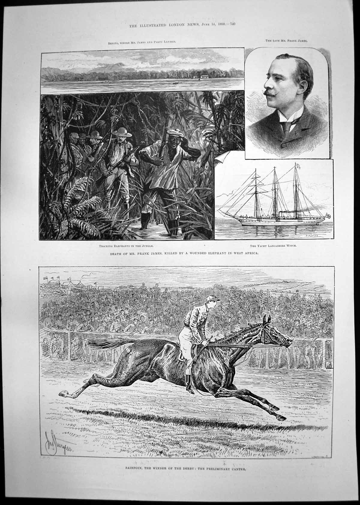 Antique Print Sainforn Winner Derby Frank James Killed Elephant GDish 1890 19th