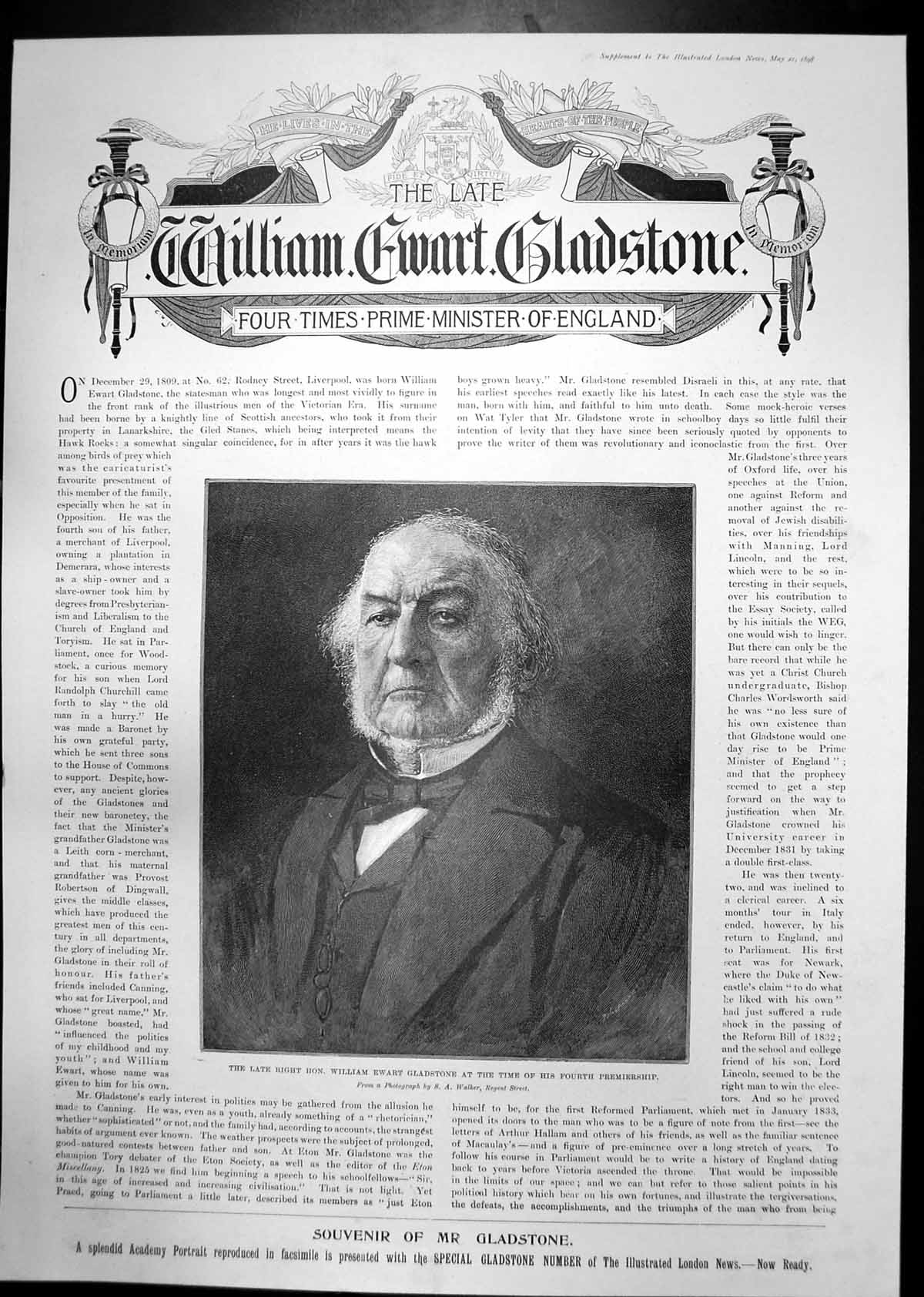 Antique Old Print William Ewart Gladstone Hawarden Castle Born Liverpool 1898