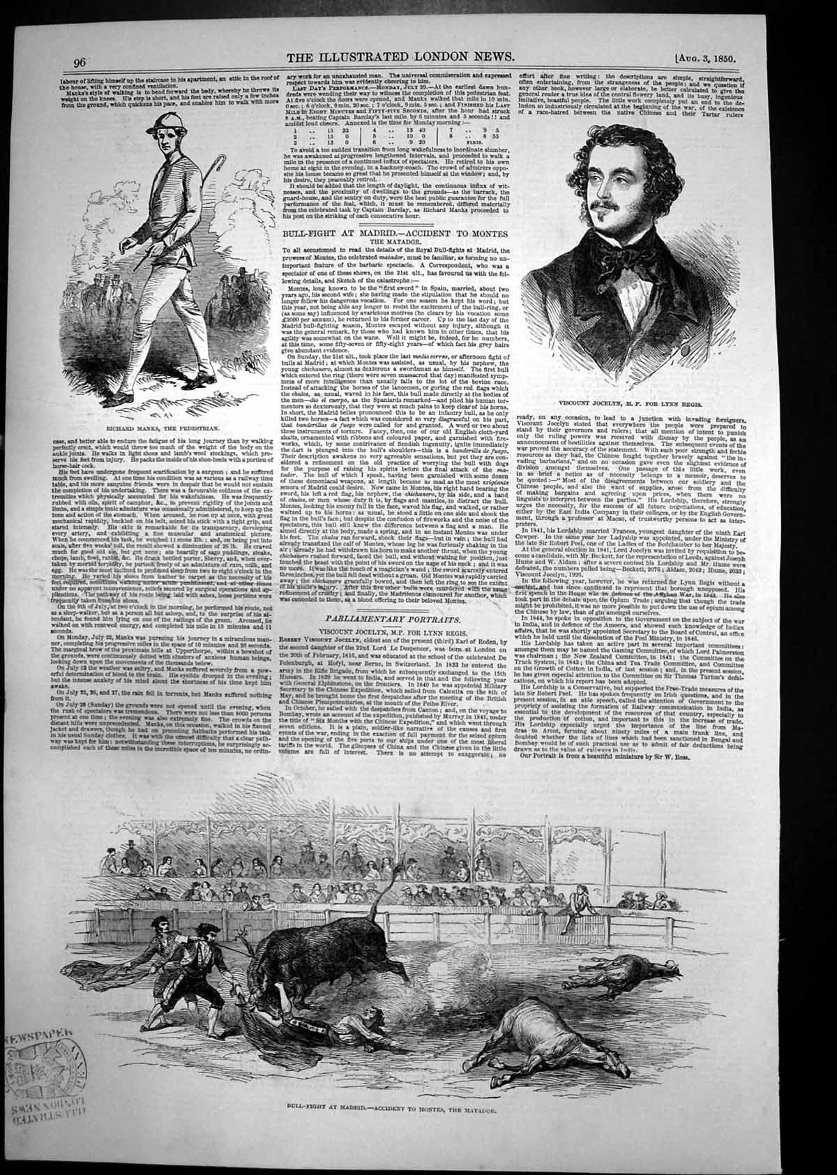 Antique Print Bull Fight Madrid Viscount Jocelyn Fire Parkhurst Prison 1850
