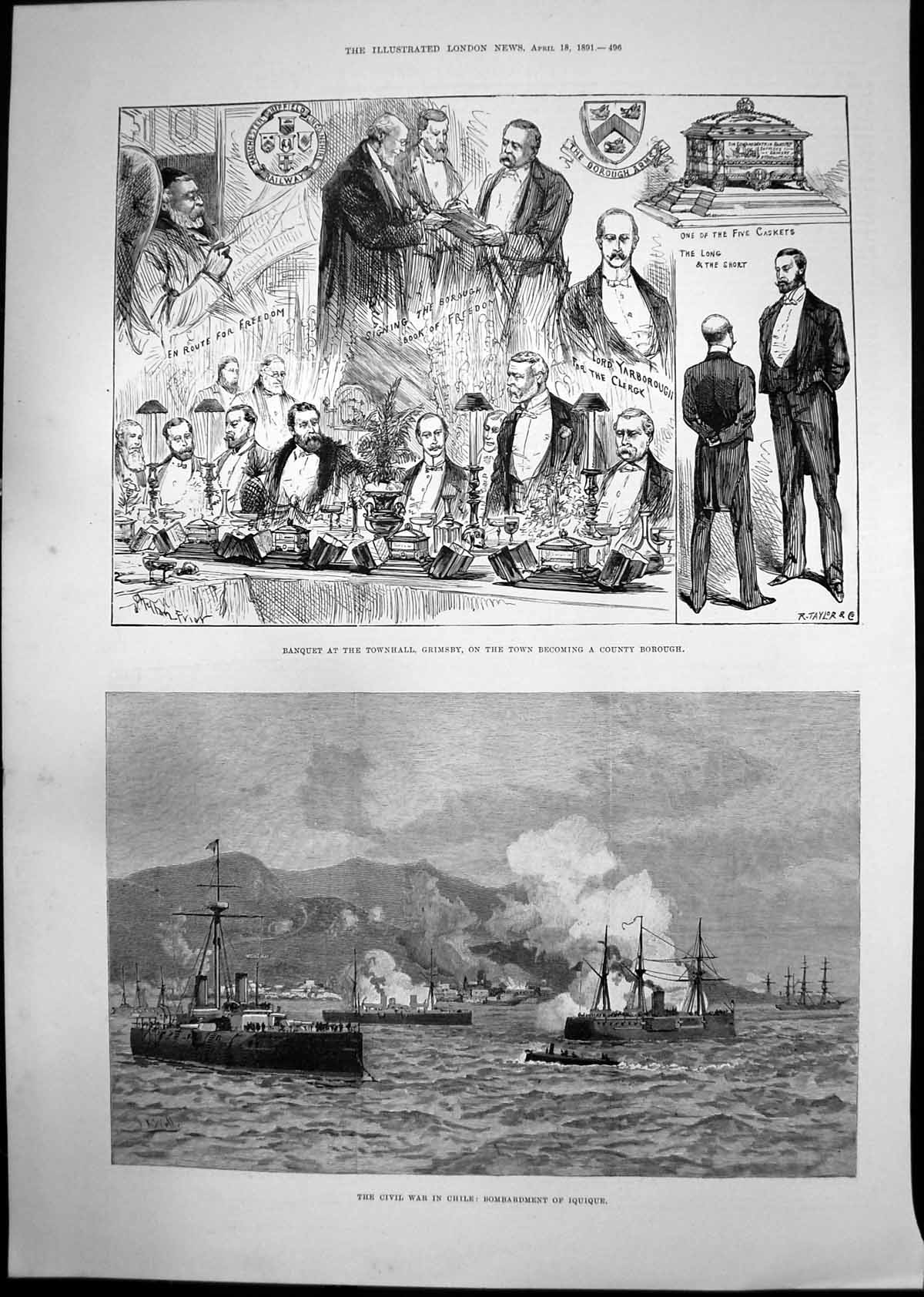Antique Print Banquet Townhall Grimsby Bombardment Chile Henry Bennett 1891